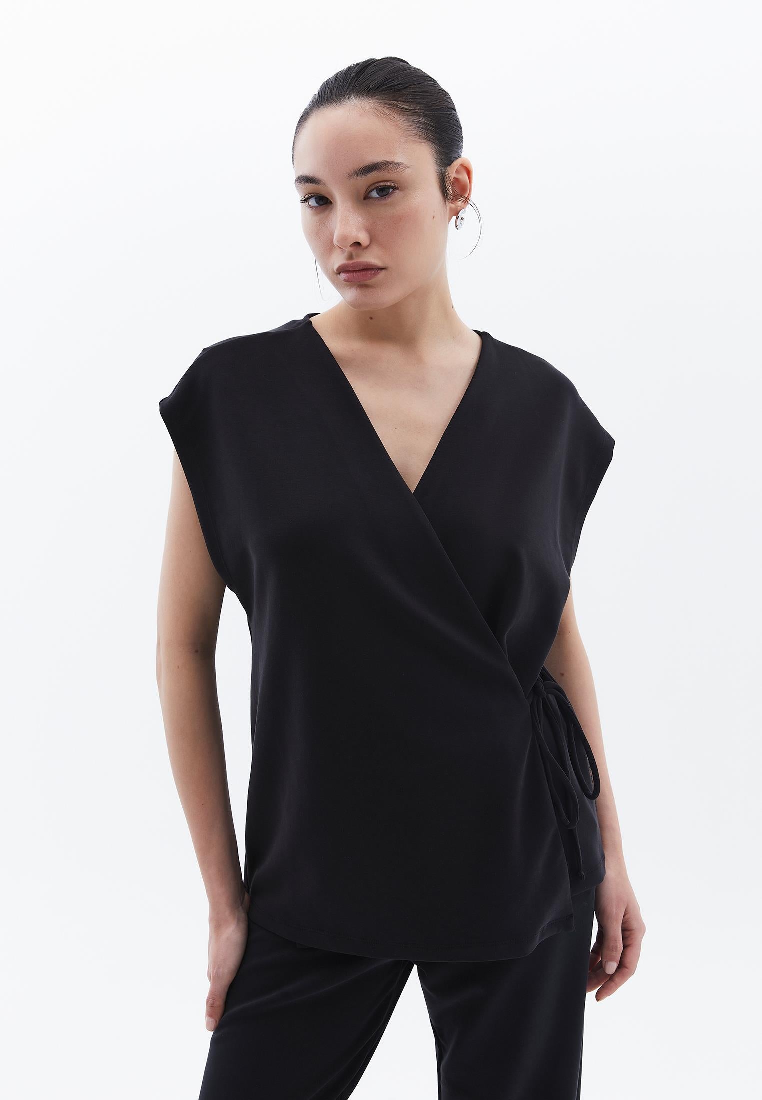 Wrap Neck Tunic Cardigan - BLACK