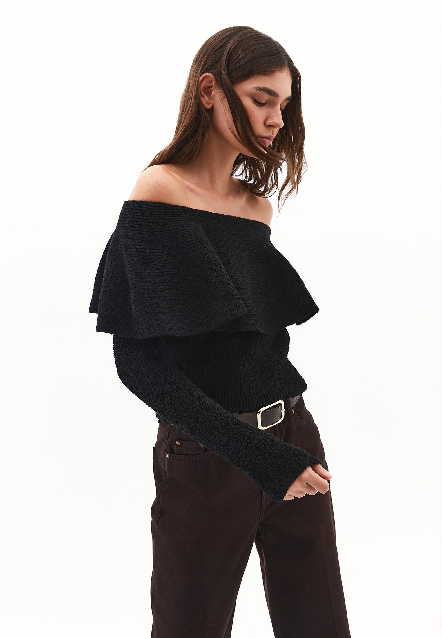 Dropped Shoulder Knit Sweater - BLACK