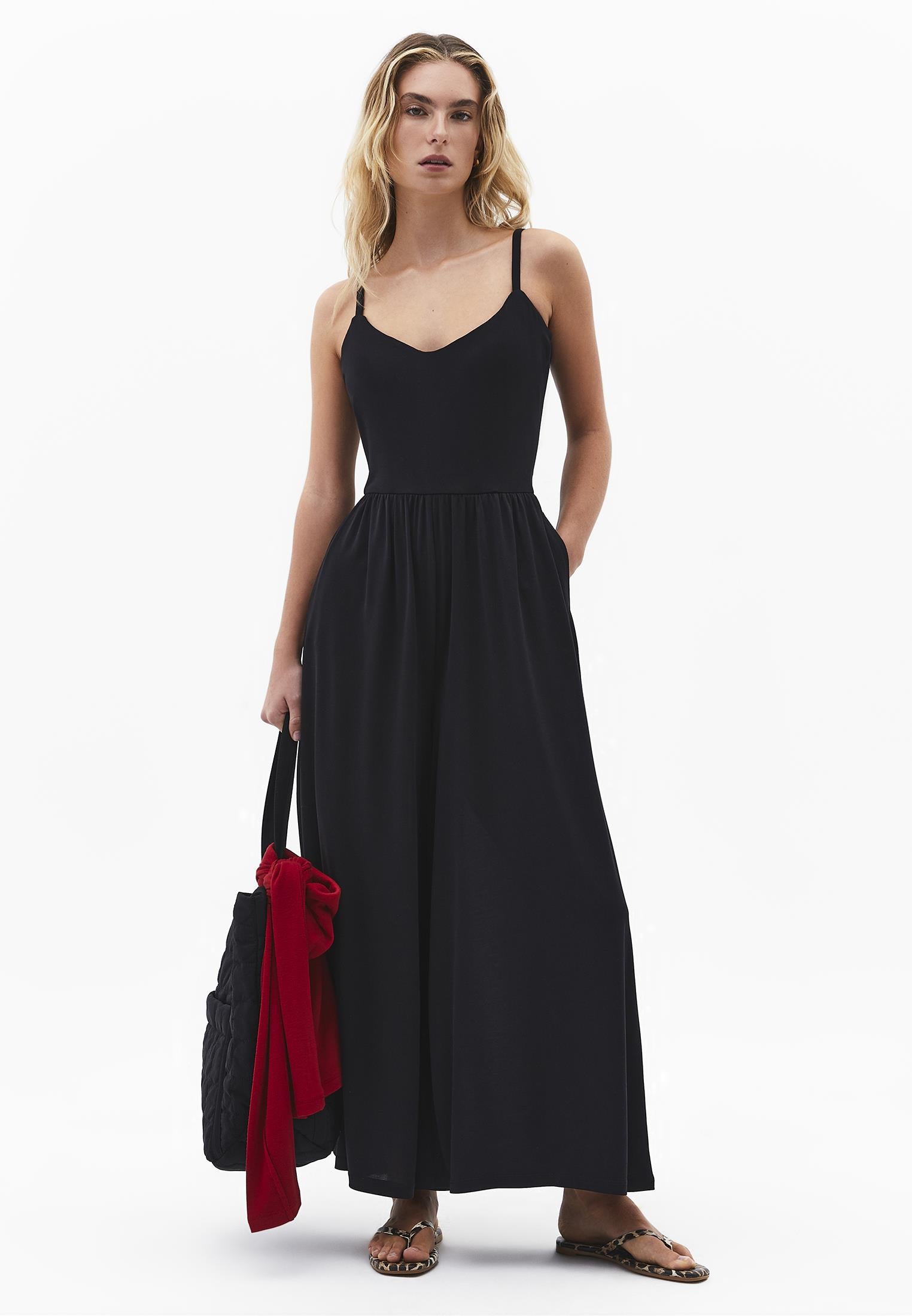 V Neck Long Jumpsuit - BLACK