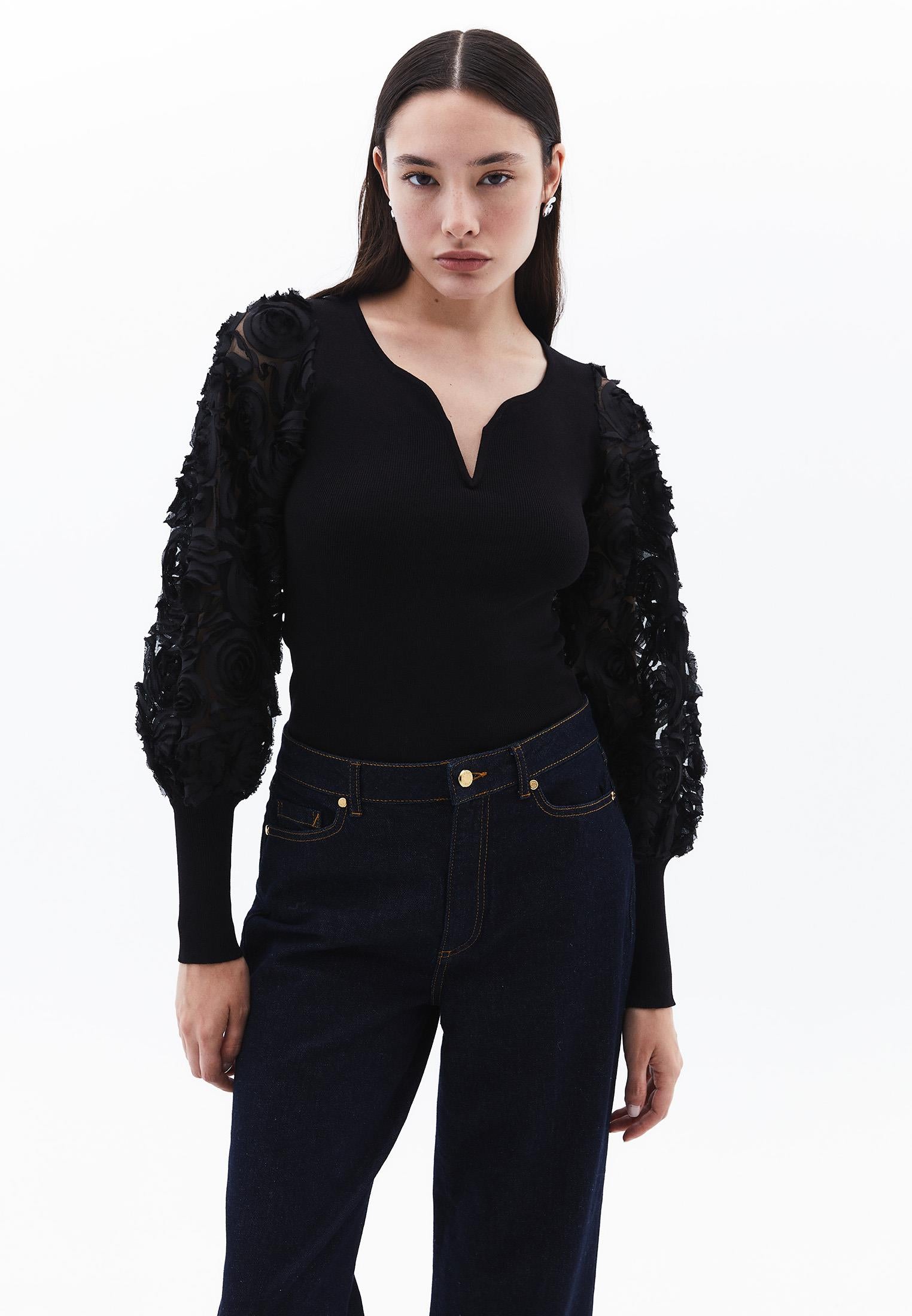 U Neck Long Sleeve Embroidered Sweater - BLACK
