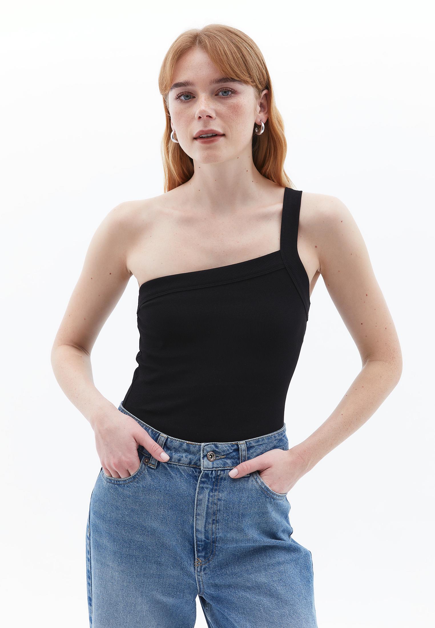 One Shoulder Asymmetric Tank Top - BLACK