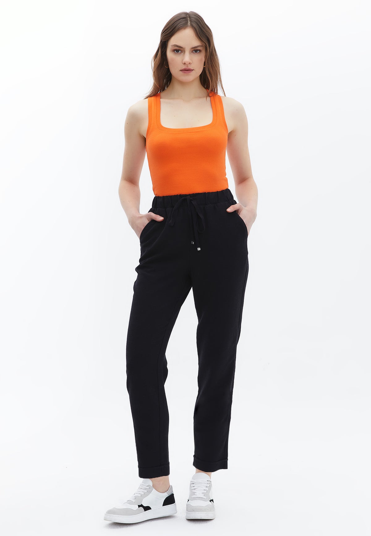 High Waist Elastic Carrot Pants - BLACK