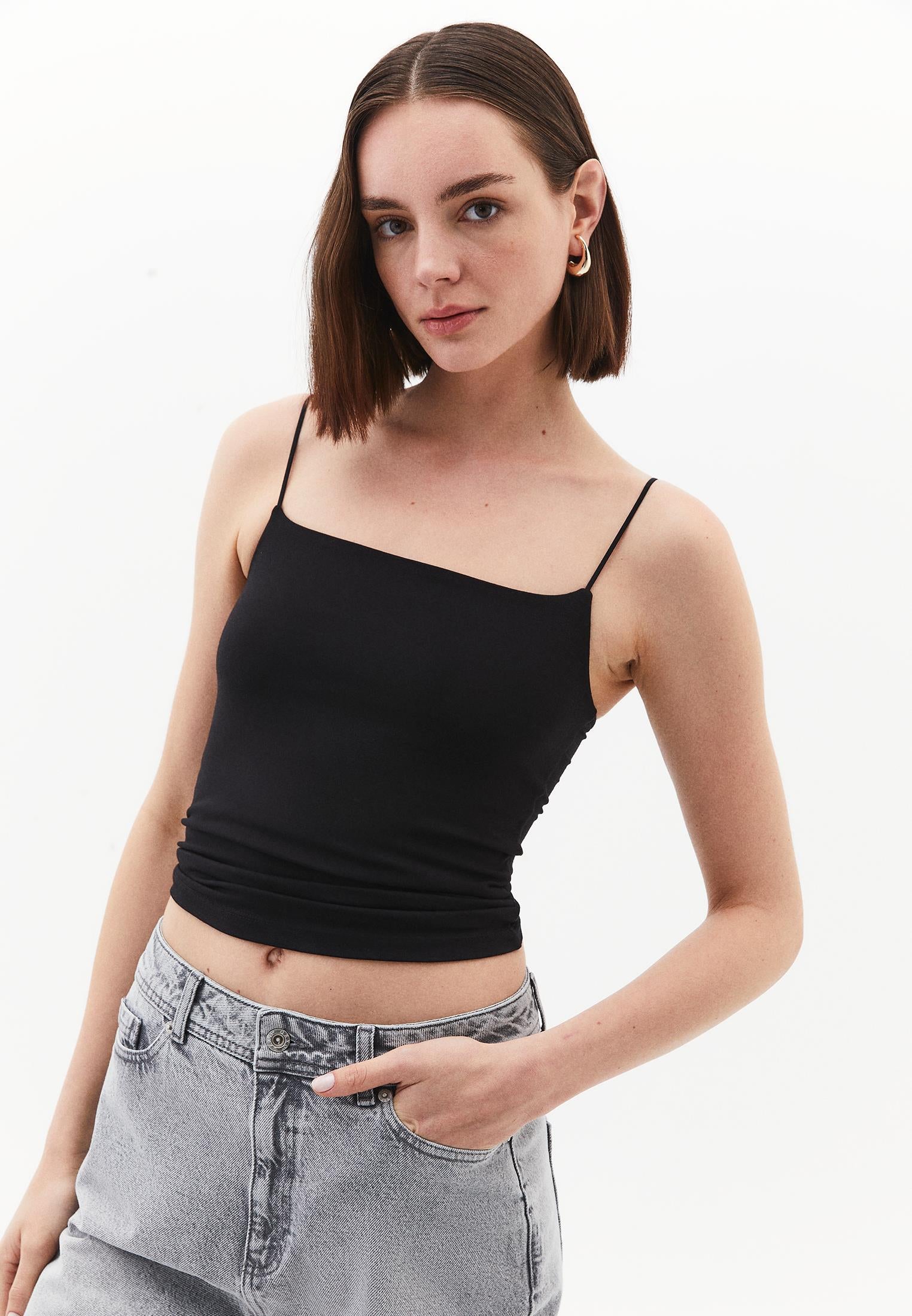 Wide Neck Strappy Tank Top - BLACK