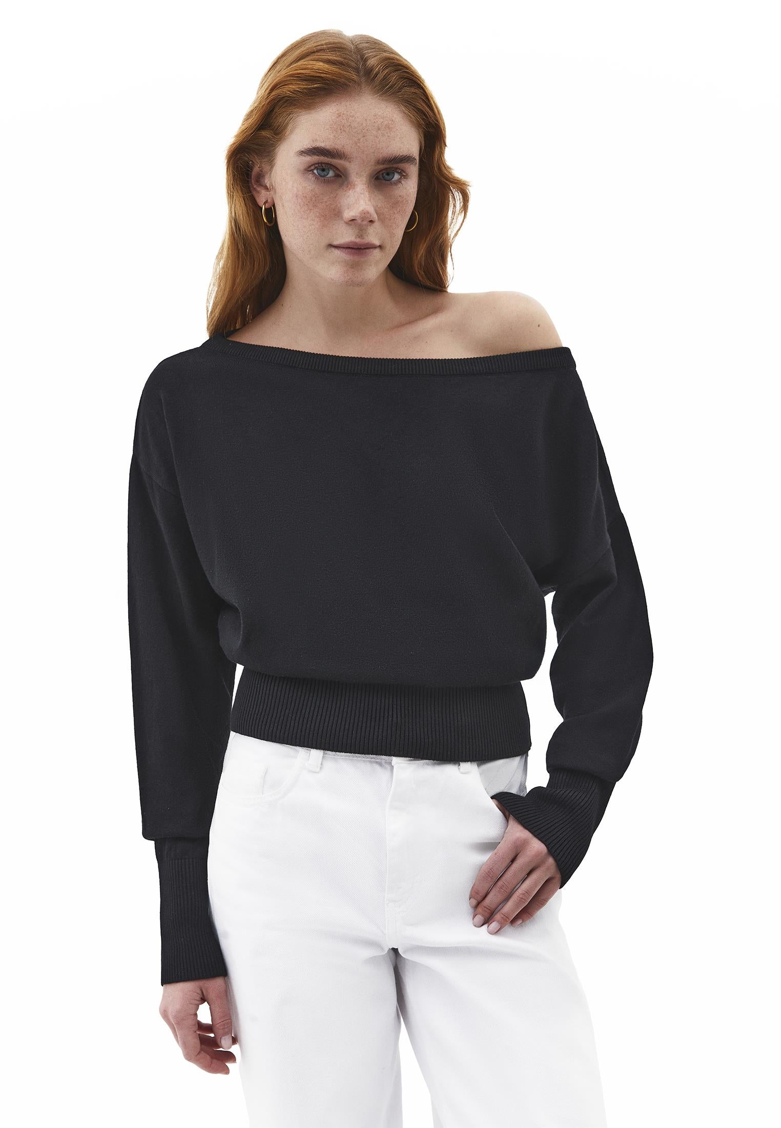 Boat Neck Long Sleeve Sweater - BLACK