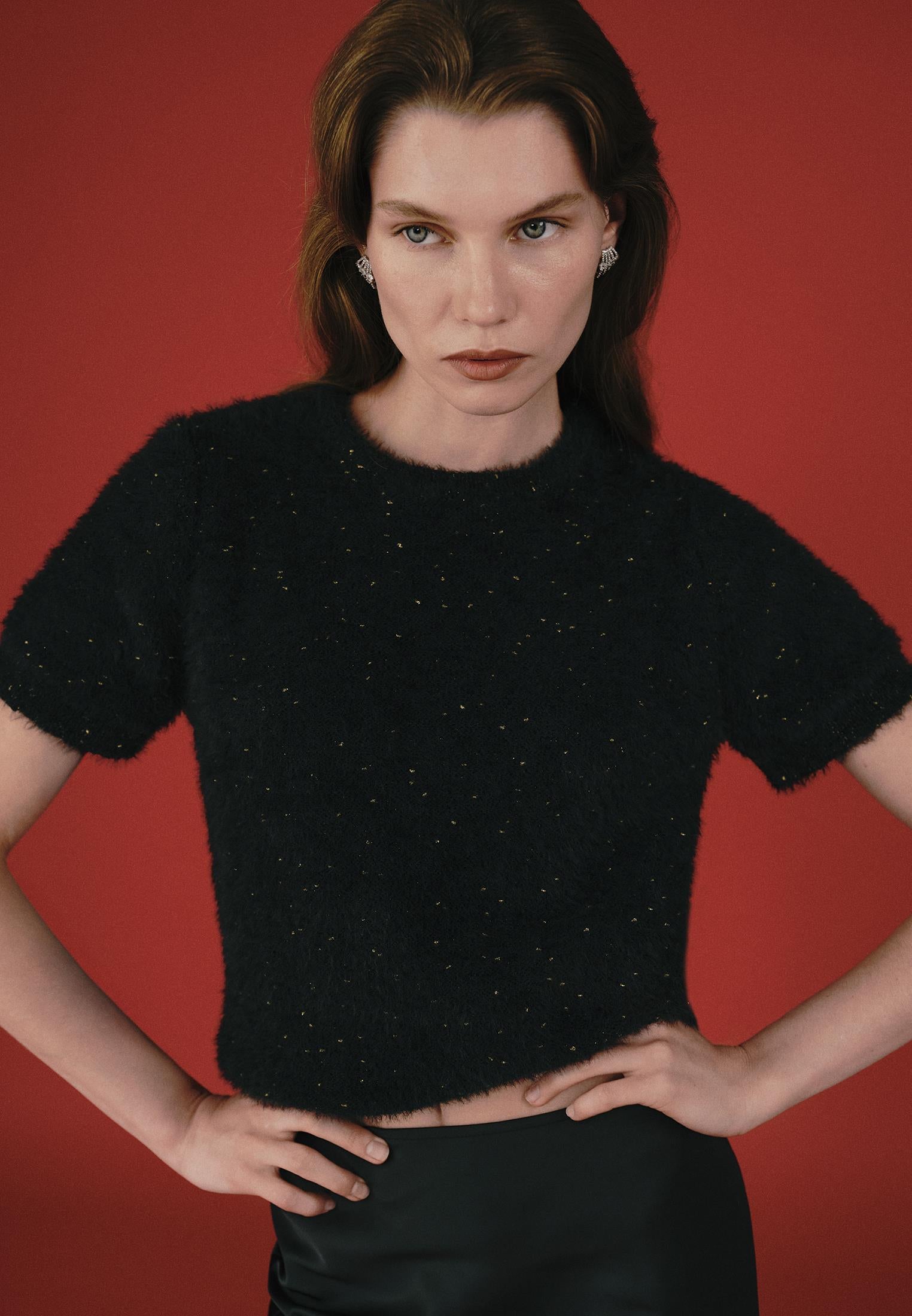 Raglan Sleeve Short Sleeve Crew Neck Knit Sweater - BLACK