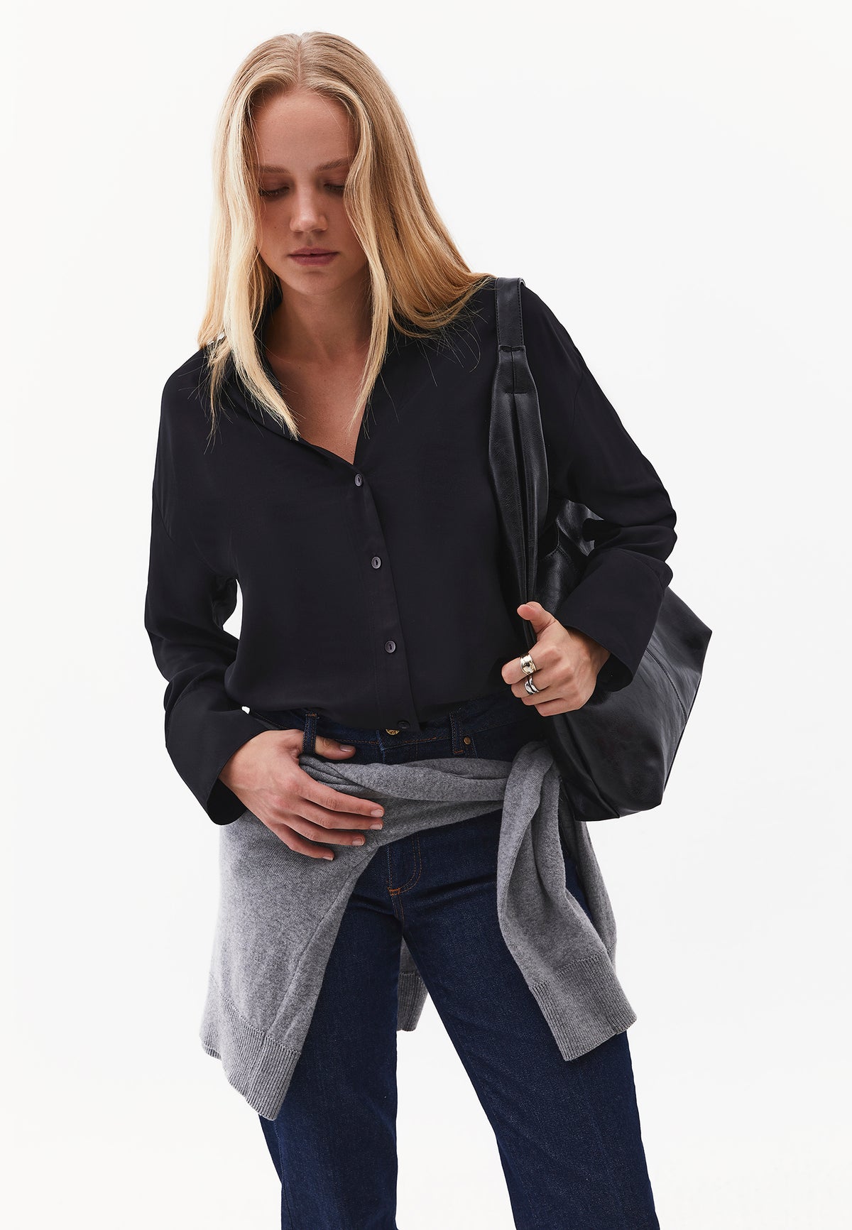 Long Sleeve Shirt with Button Detail and Shirt Collar - BLACK