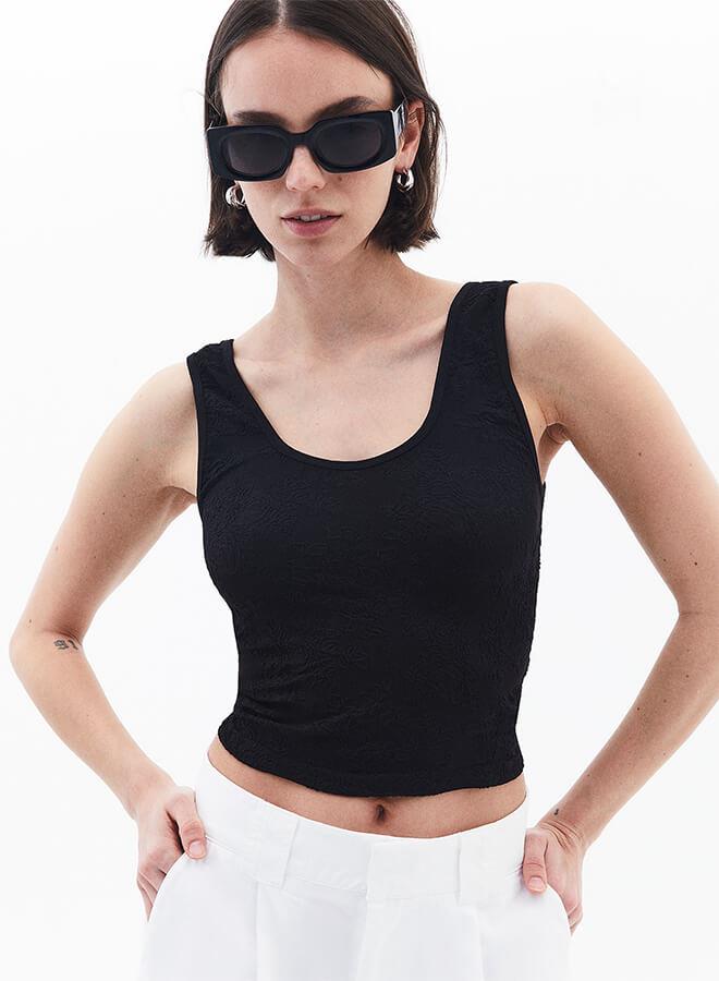 U Neck Bodycon Tank Top - BLACK