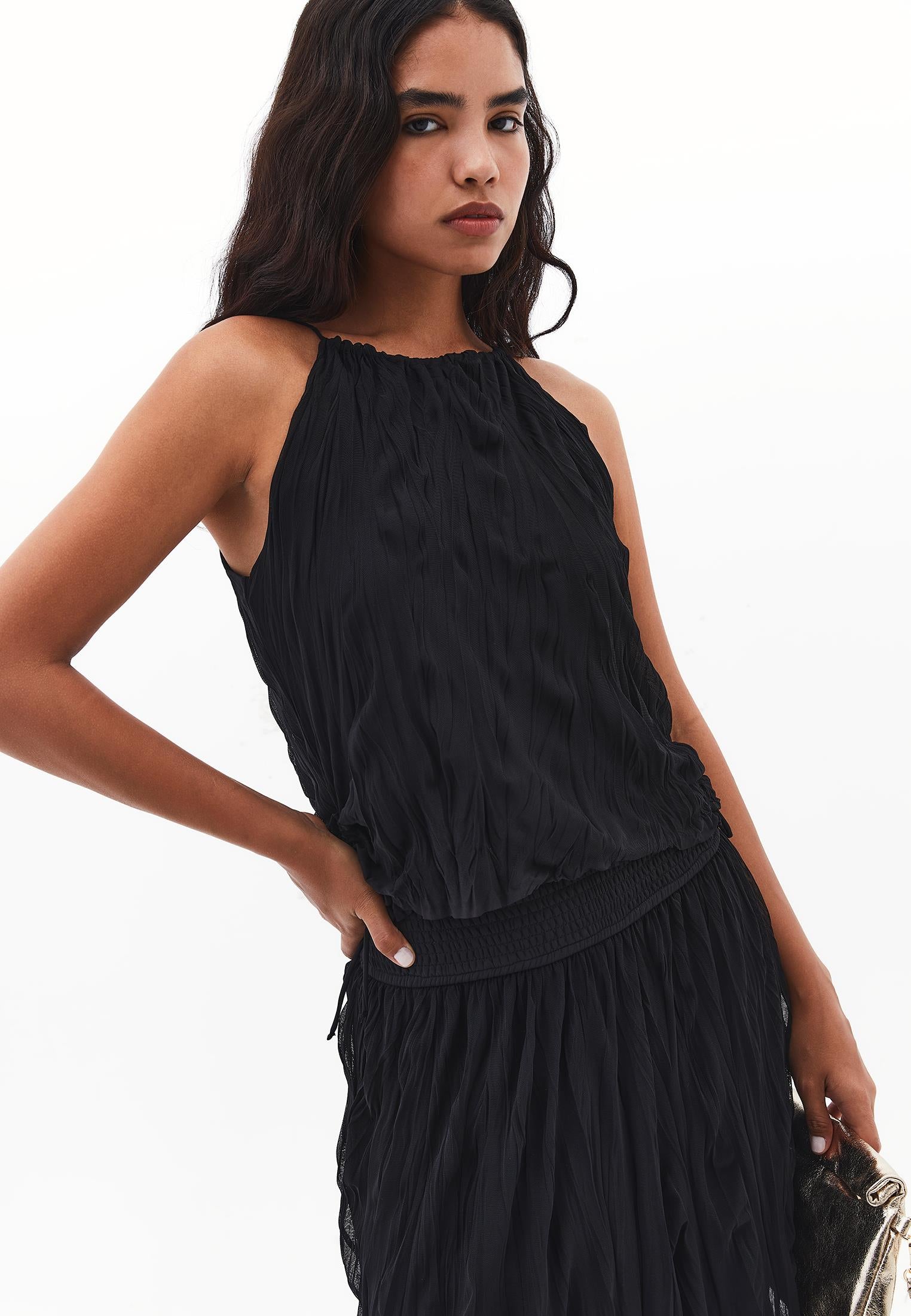 Halter Neck Crinkled Look Blouse - BLACK
