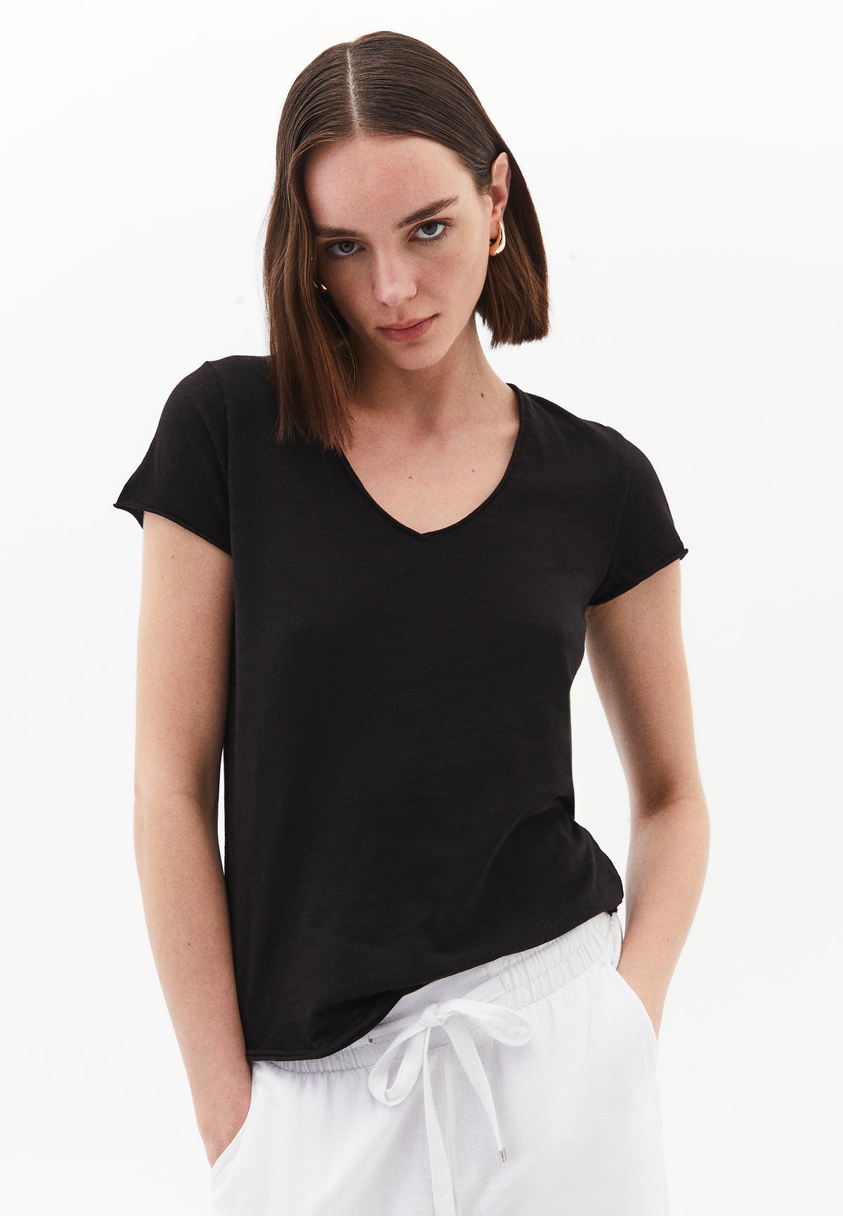 V Neck Short Sleeve Women's T-Shirt - BLACK