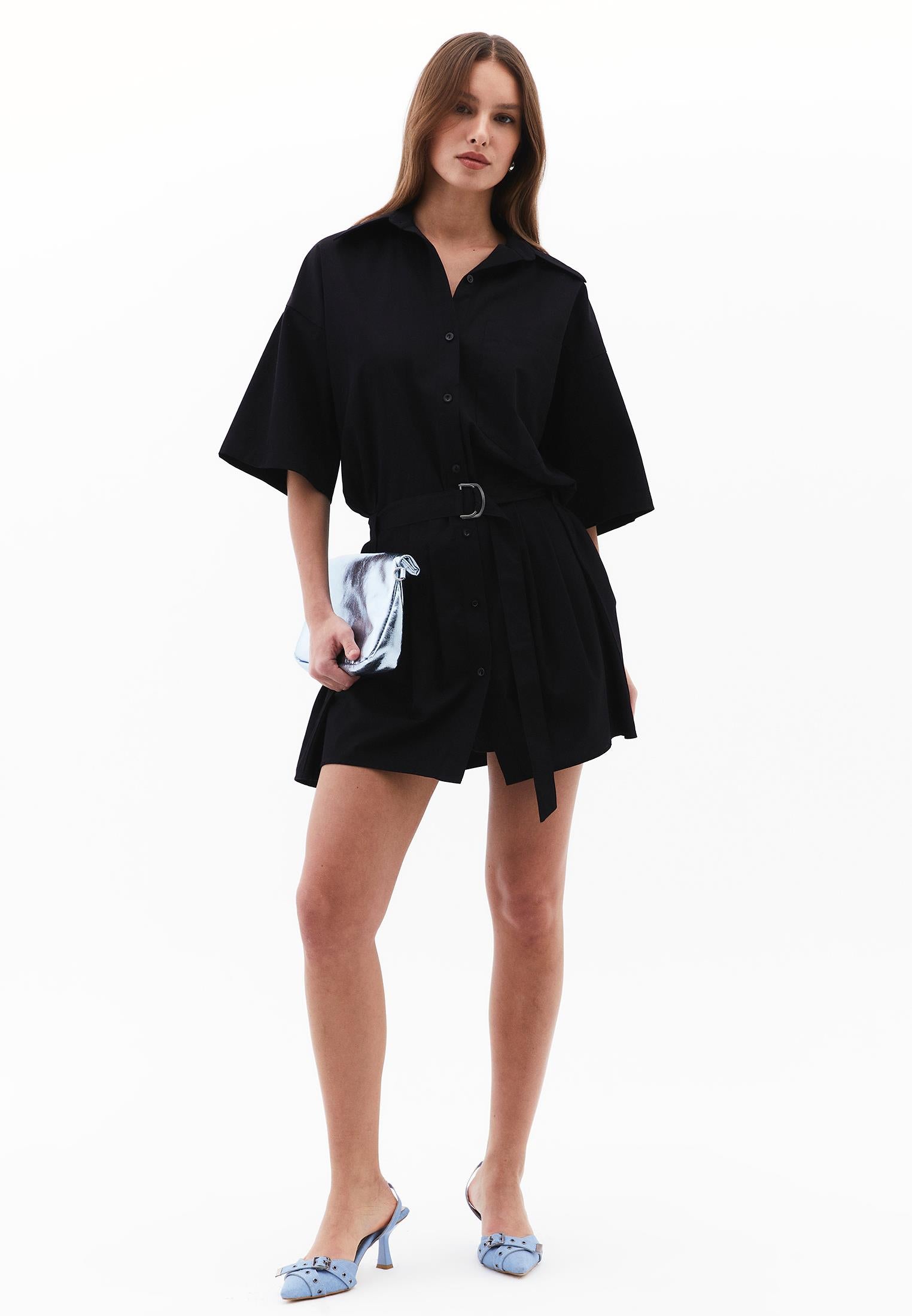 Oversize Short Shirt Collar Women Dress - BLACK