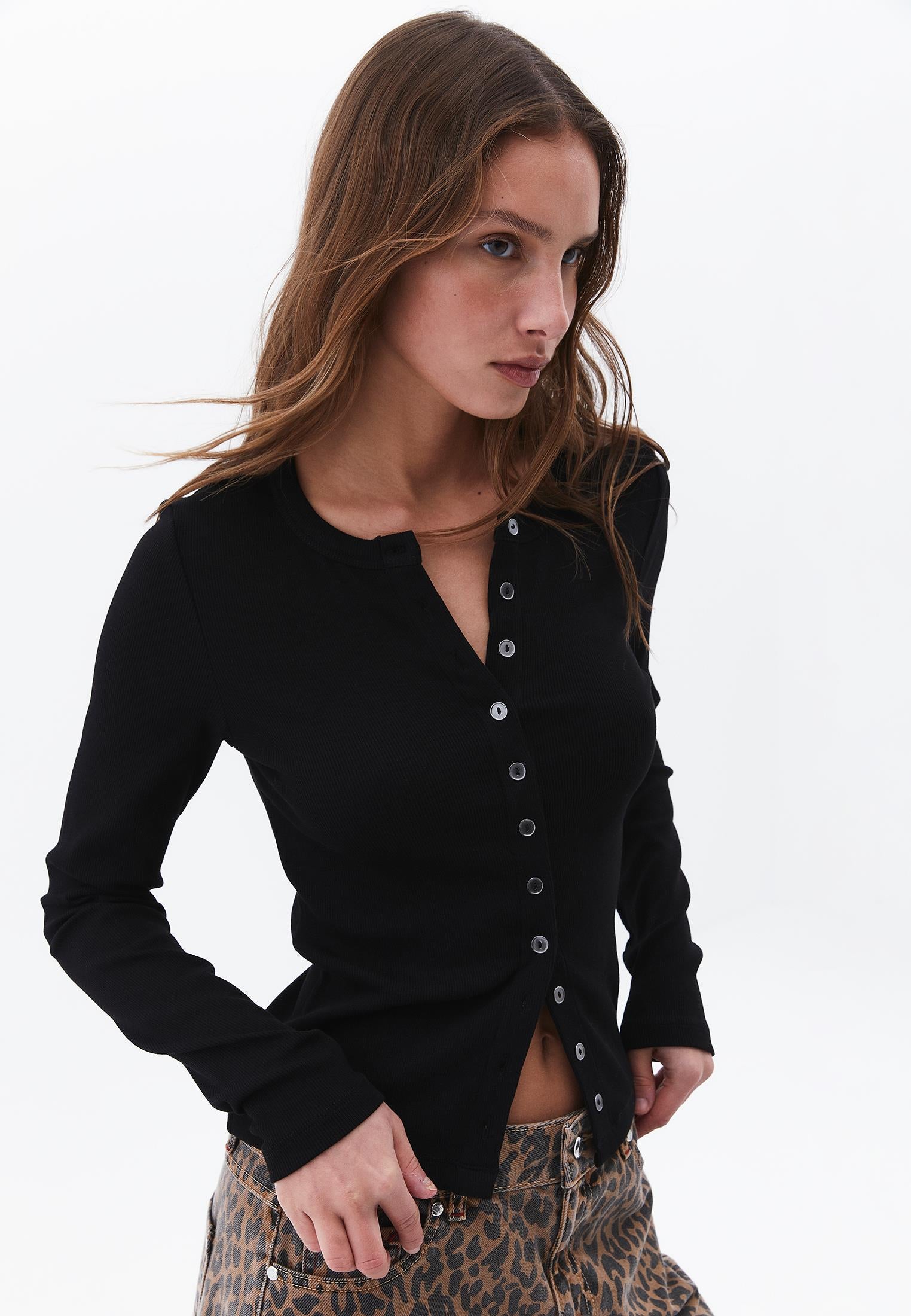 Long Sleeve Crew Neck Bodycon T-Shirt - BLACK