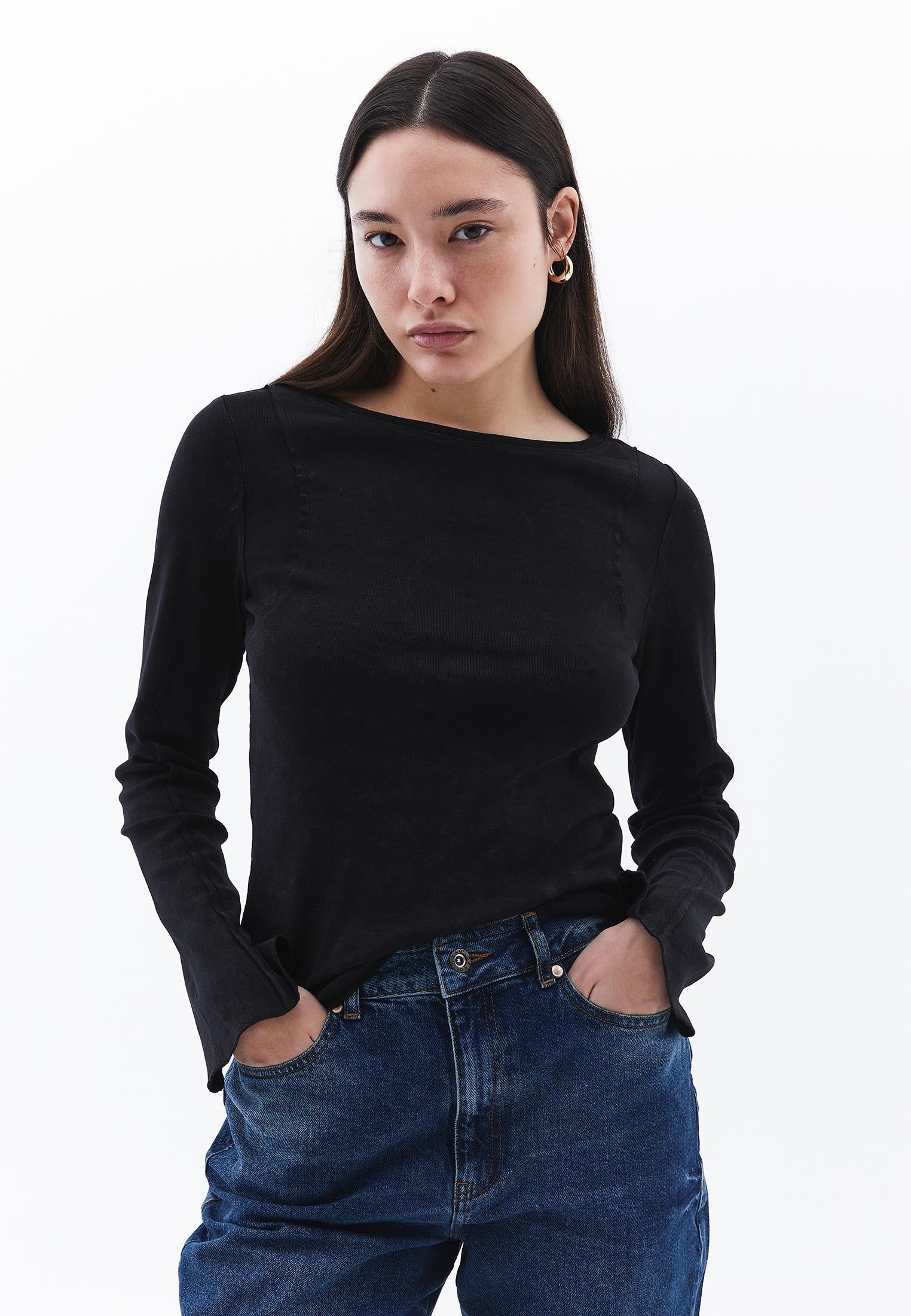 Boat Neck Long Sleeve Flared Sleeve T-Shirt - BLACK