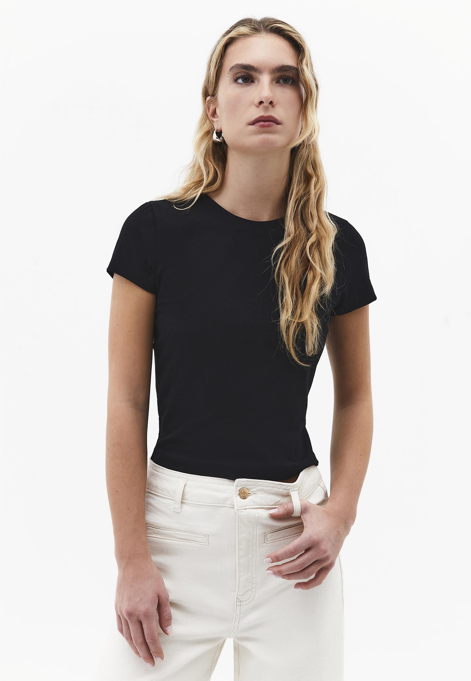 Crew Neck Long Sleeve Bodycon T-Shirt - BLACK