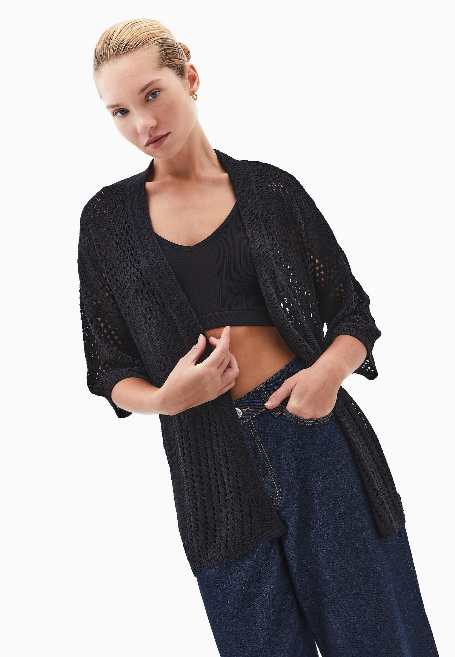 Midi Cardigan With Ajour Details - BLACK