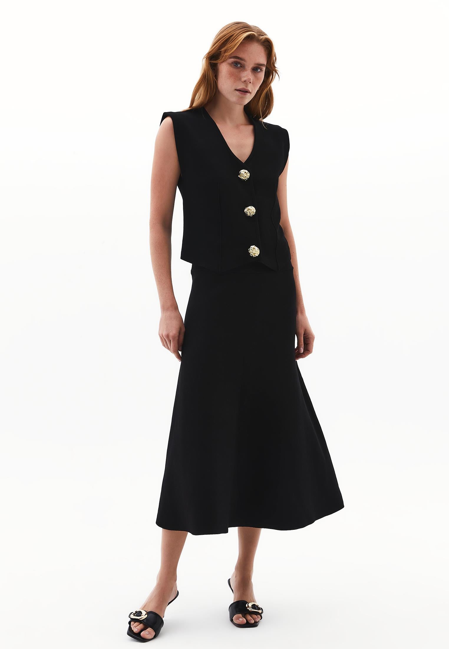 Long A-Line Skirt With Flounce Detail - BLACK