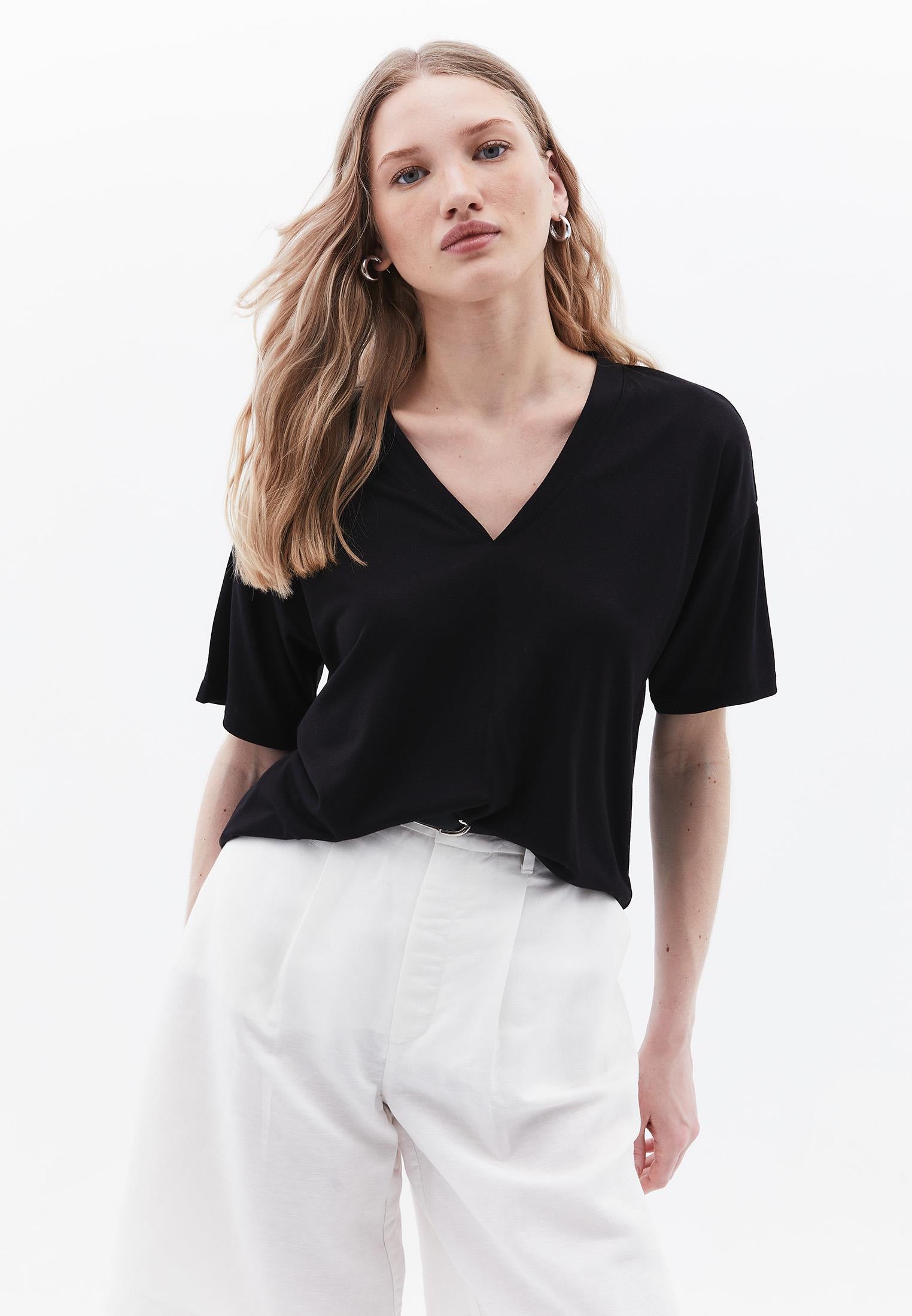 V Neck Oversize Short Sleeve T-Shirt - BLACK