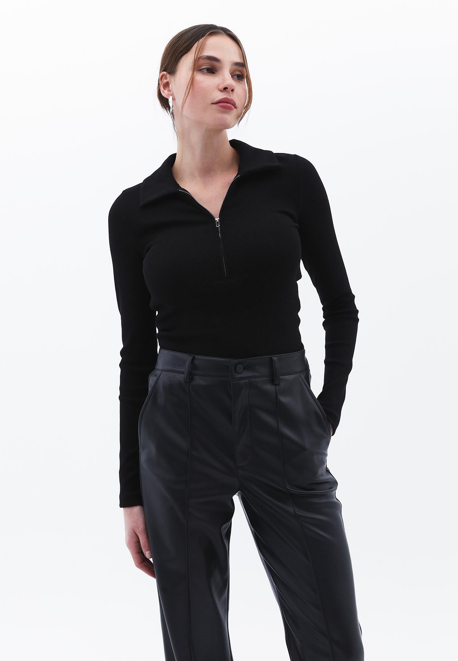 Long Sleeve Polo Collar Zipper Detail T-Shirt - BLACK