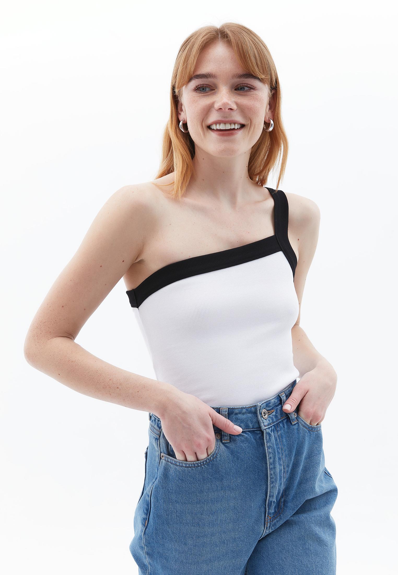 One Shoulder Asymmetric Tank Top - WHITE/BLACK