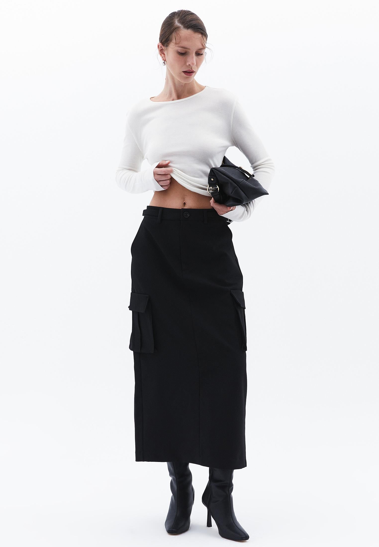 Long Slim High Waist Skirt With Pocket Details - BLACK