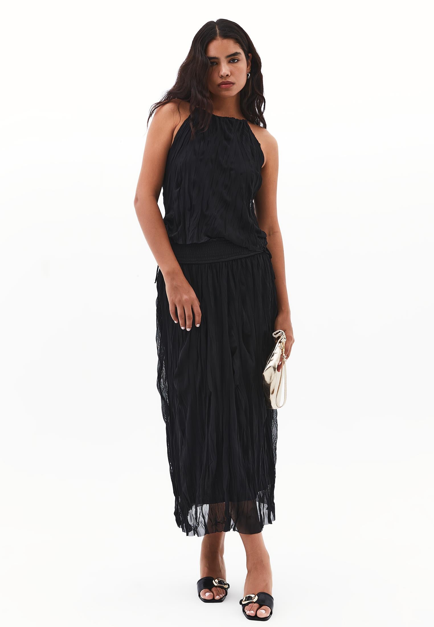 Wrinkled Look Midi Skirt - BLACK
