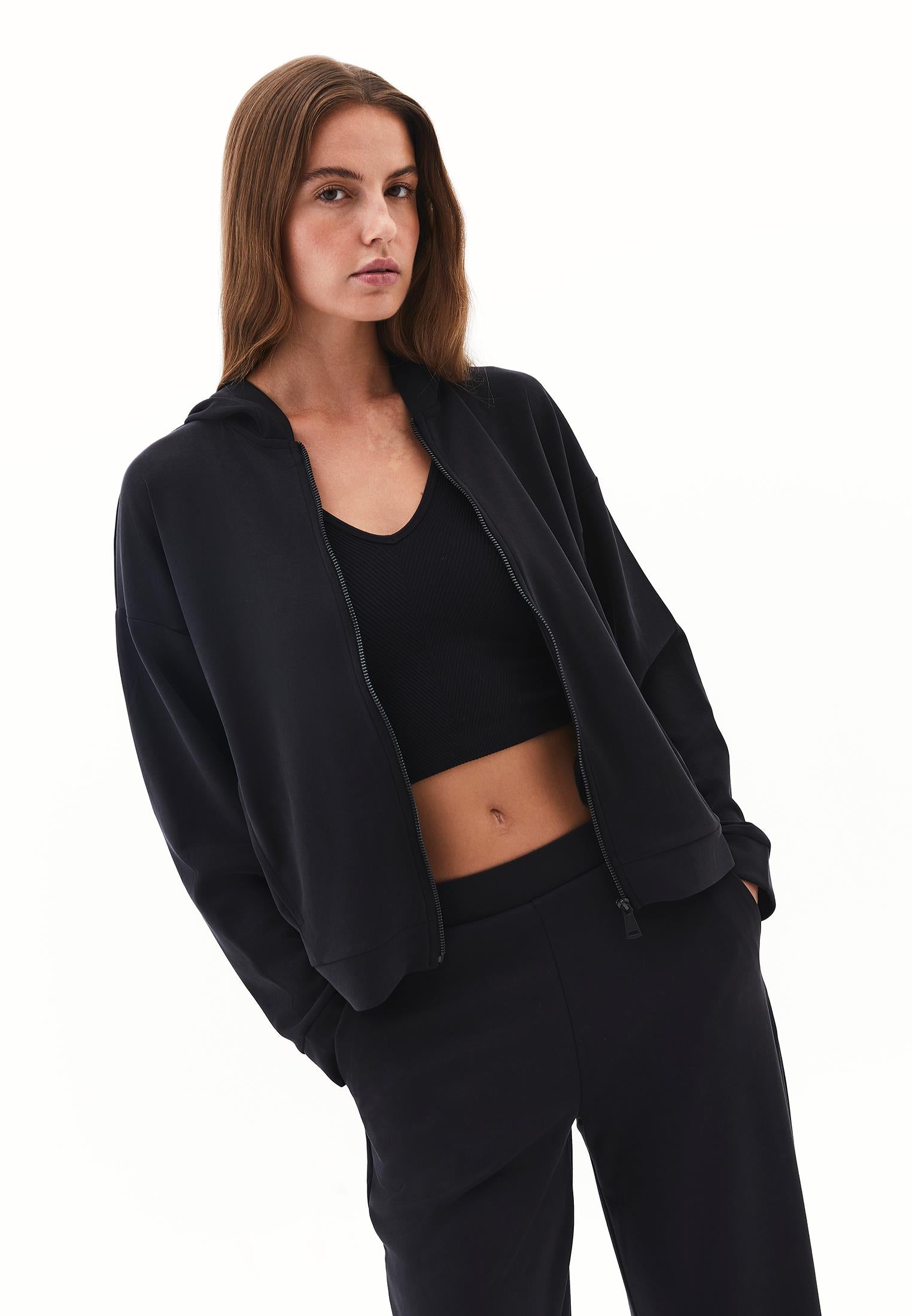 Hoodie With Pockets And Zipper Detail Sweatshirt - BLACK