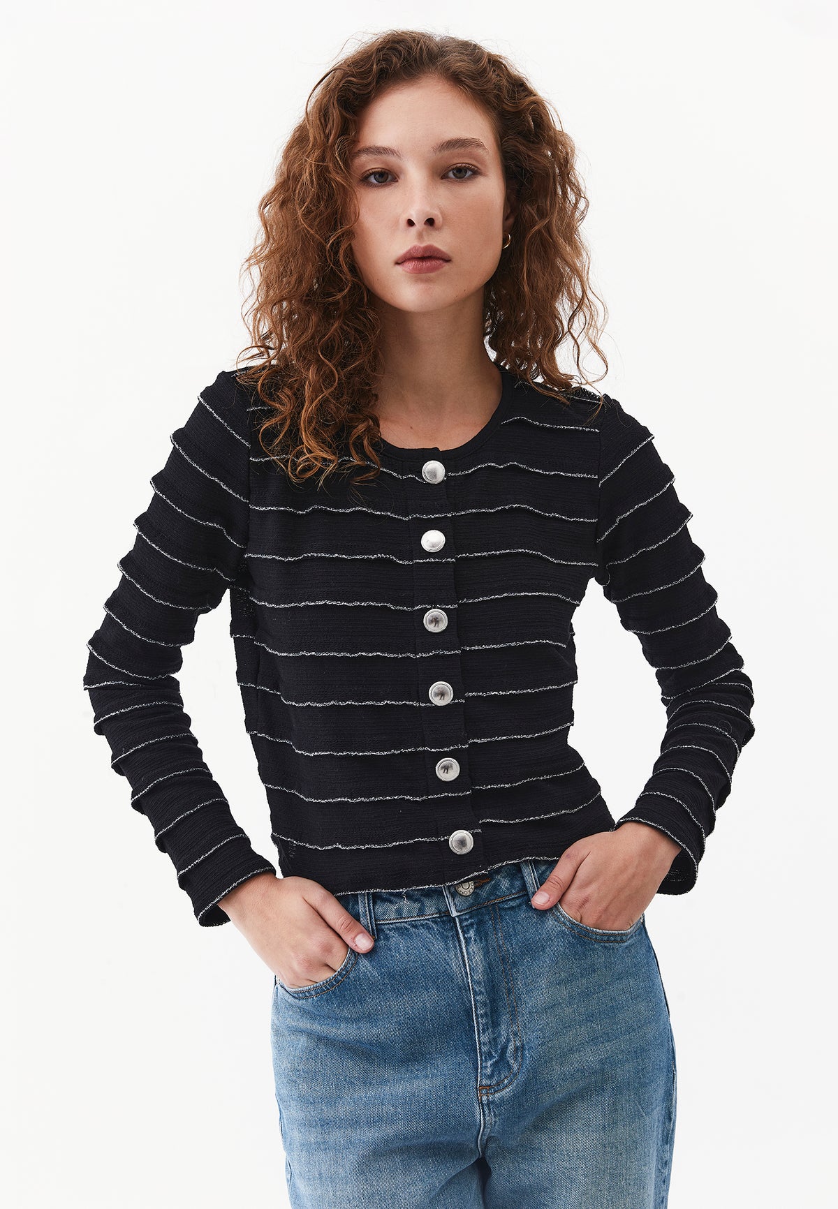 Shimmery Crew Neck Long Sleeve Cardigan - BLACK