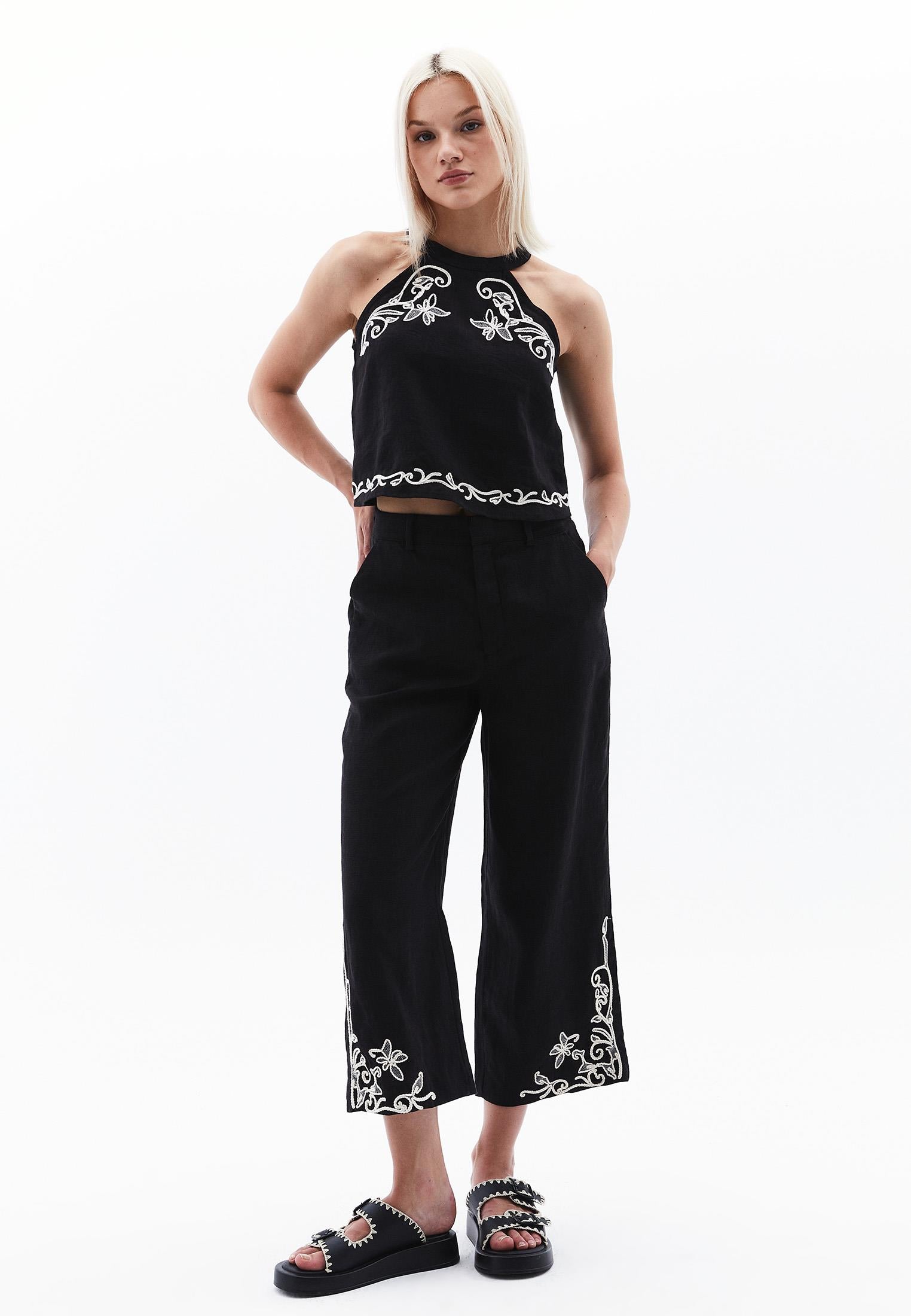 Ultra High Waist Embroidered Straight Leg Pants - BLACK