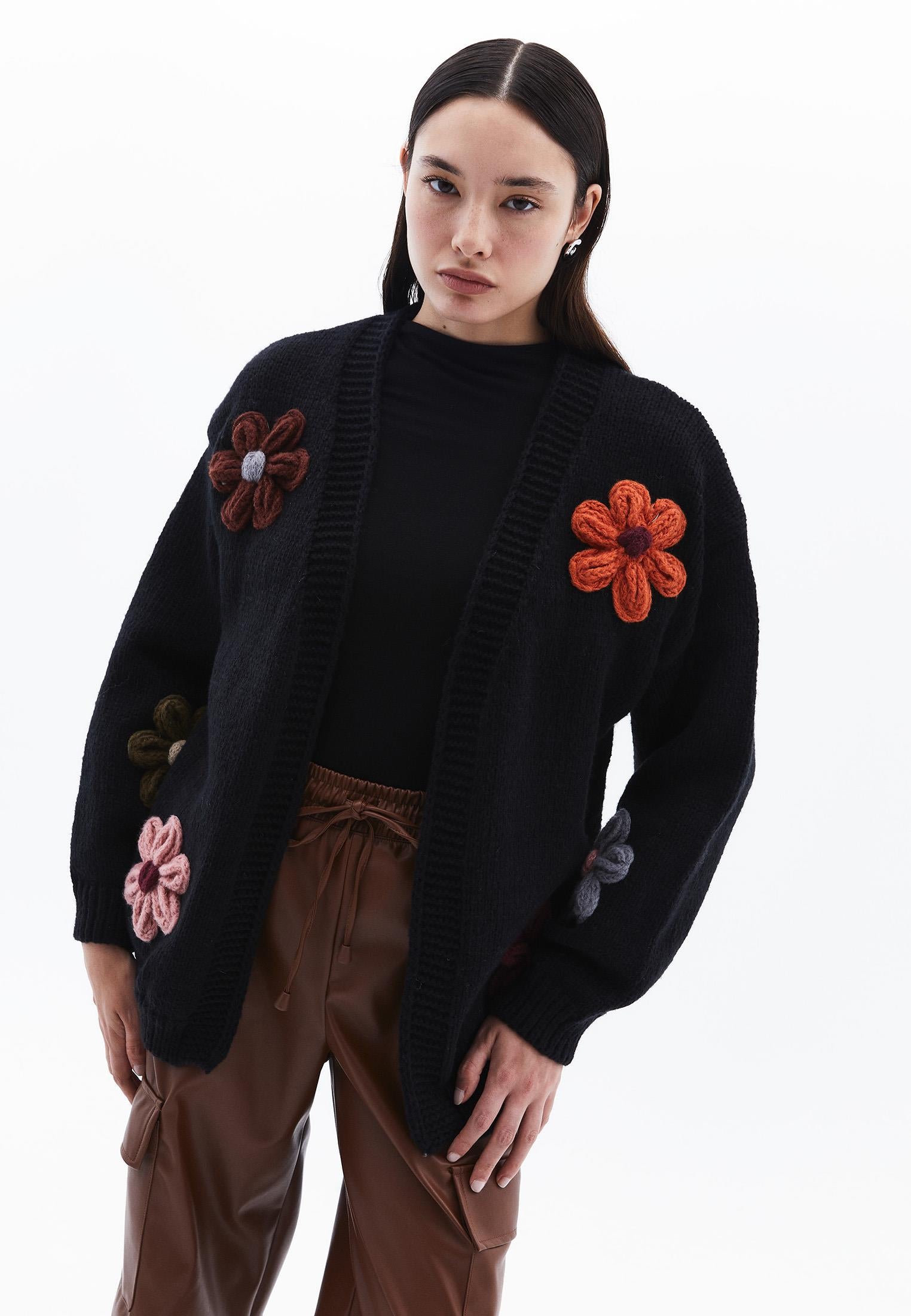 V Neck Oversize Knit Detailed Cardigan - BLACK