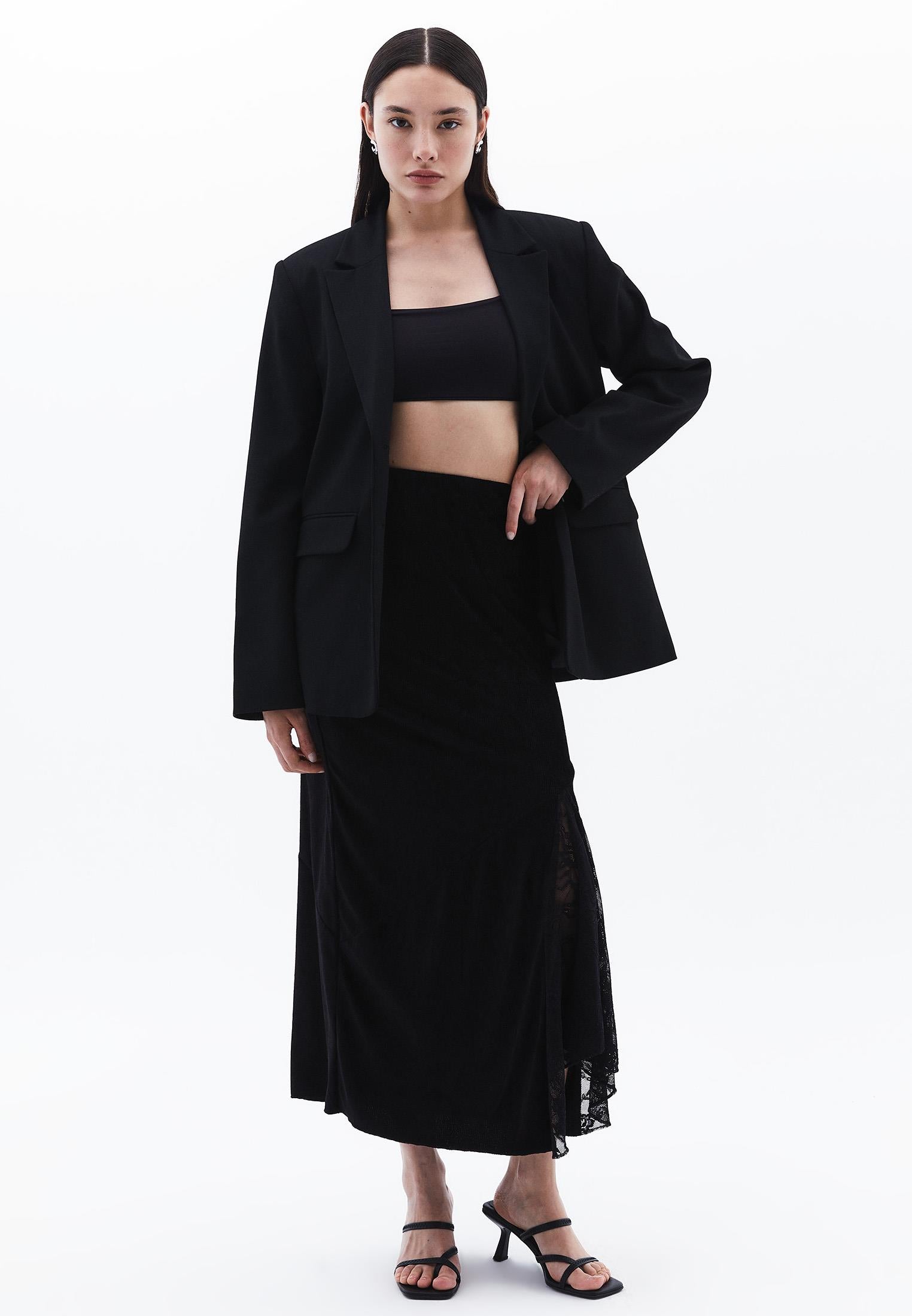 Long Elasticated Flared Skirt - BLACK
