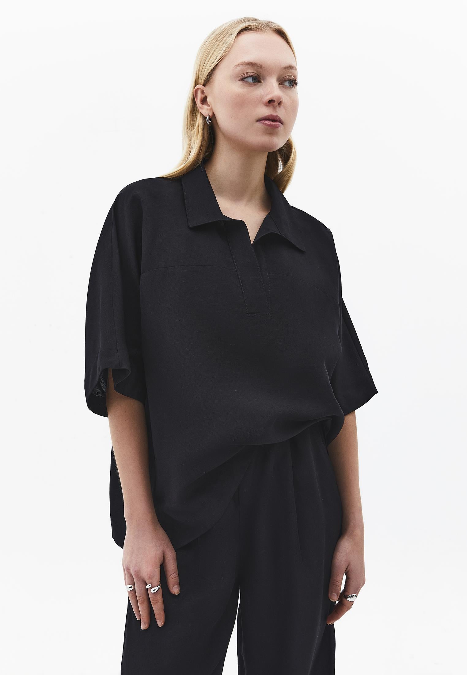 Polo Neck Batwing Sleeve Oversize Blouse - BLACK