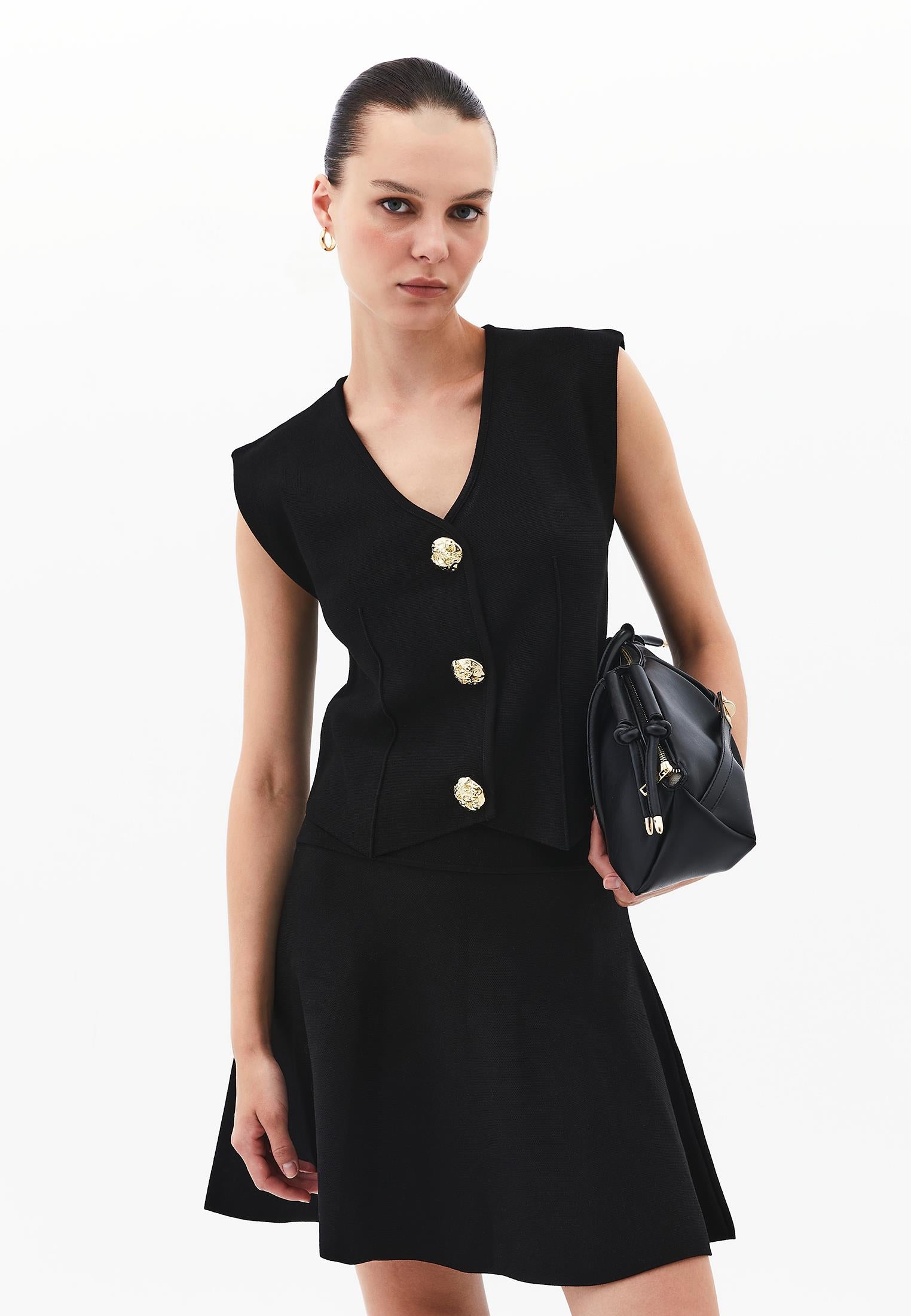 Midi Relaxed Fit Button Detailed Vest - BLACK