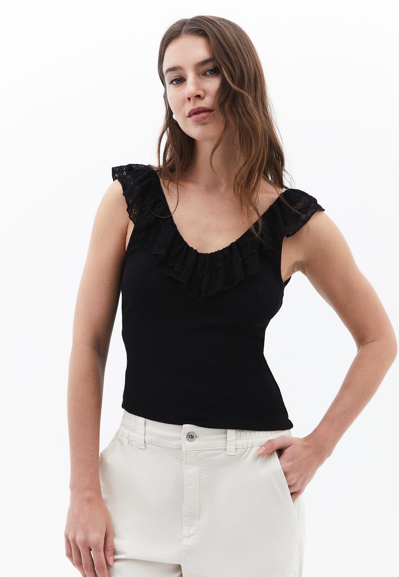 V Neck Frilled Tank Top - BLACK