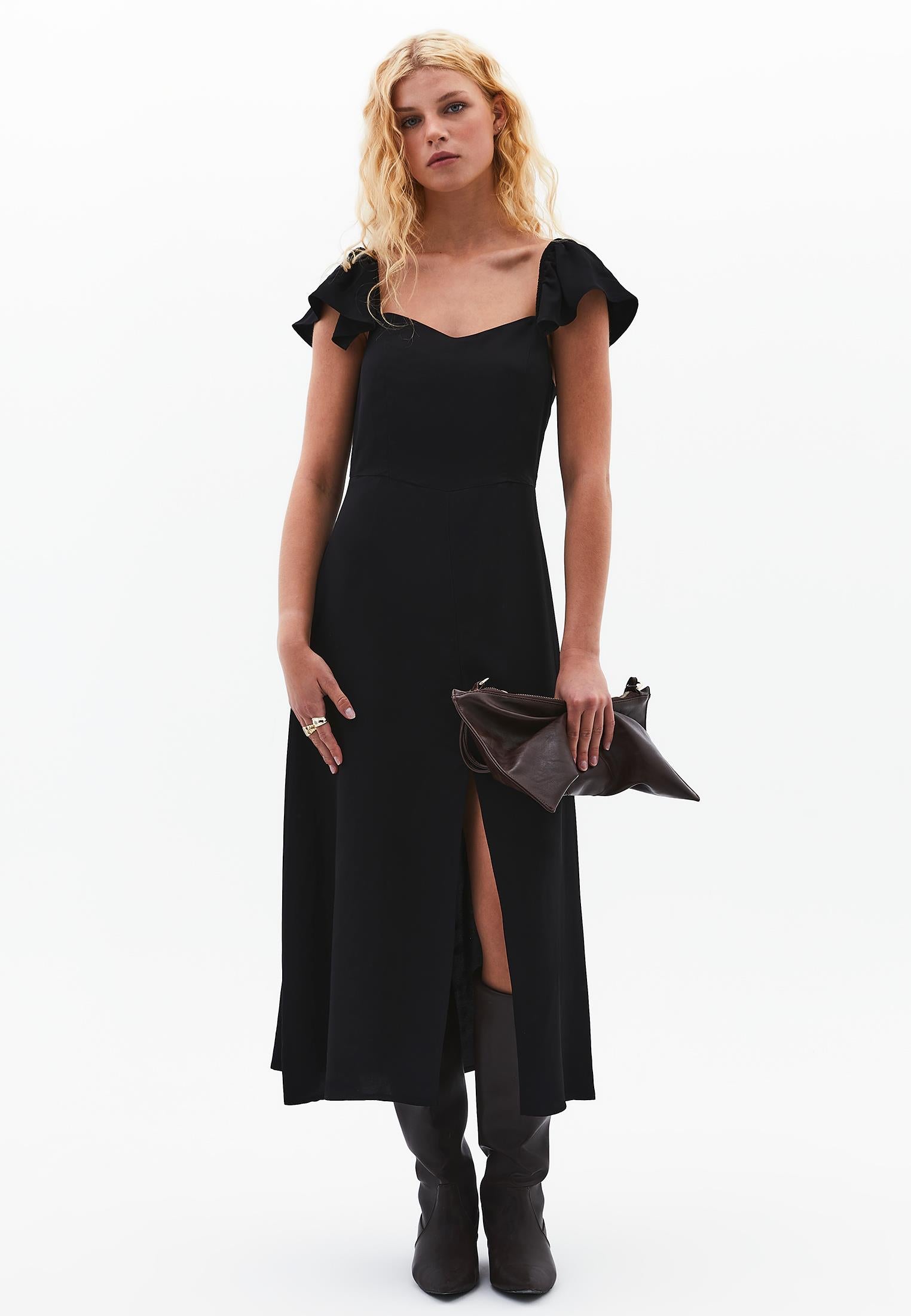 Sweetheart Neck Slit Detailed Midi Dress - BLACK