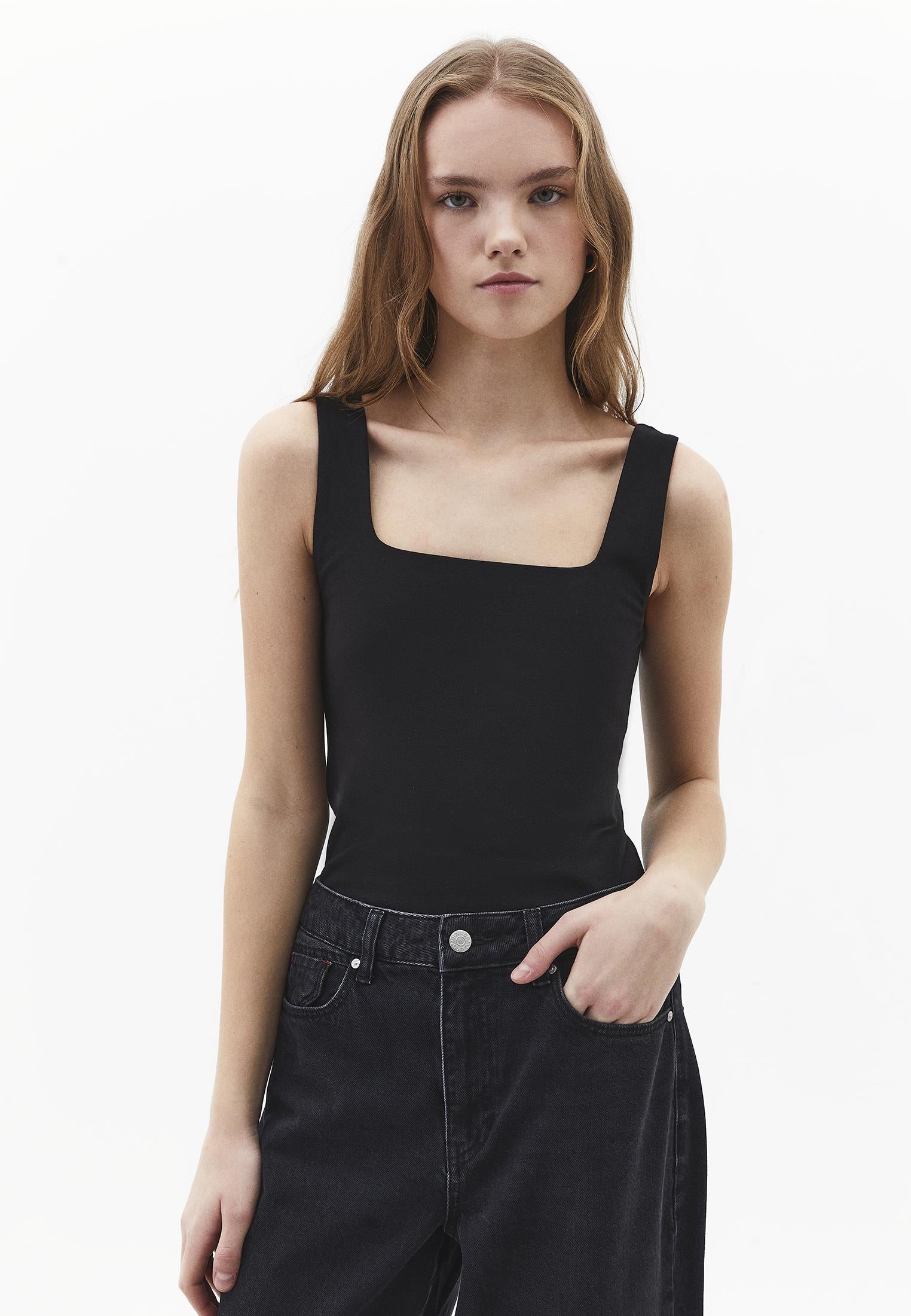 Square Neck Bodycon Tank Top - BLACK