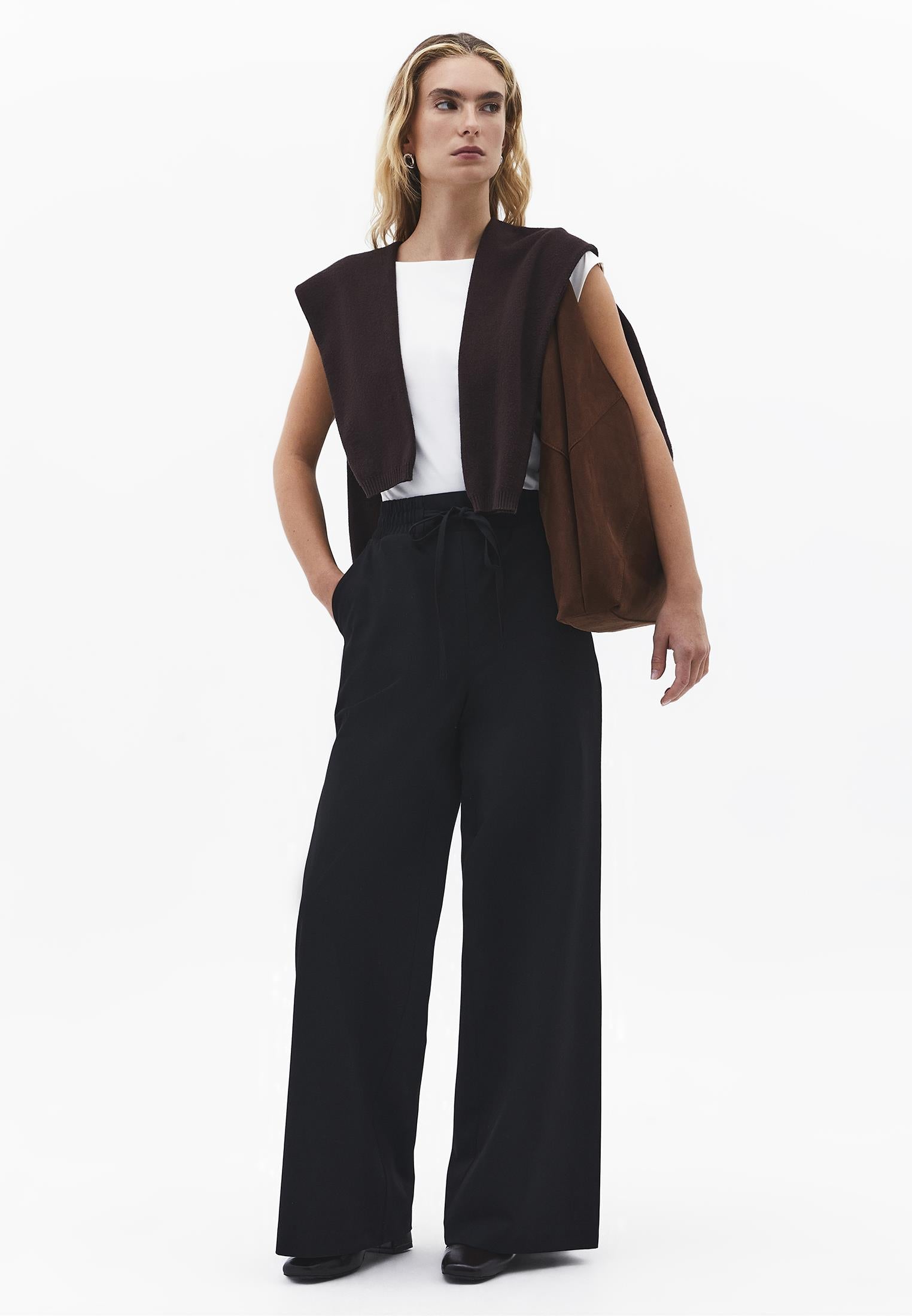 Wide Leg High Waist Elastic Waistband Pants - BLACK