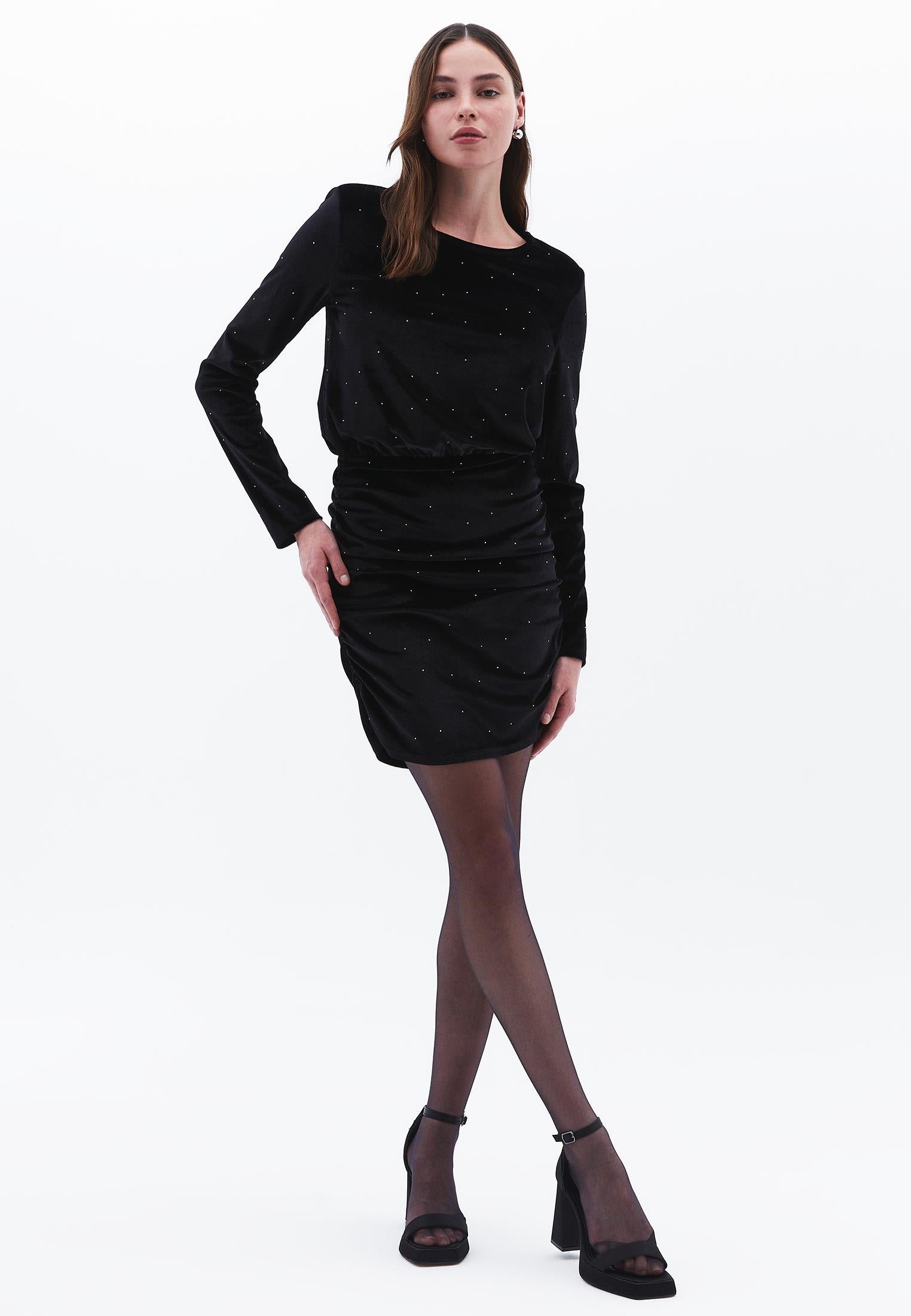 Short Dress With Ruched Crew Neck - BLACK