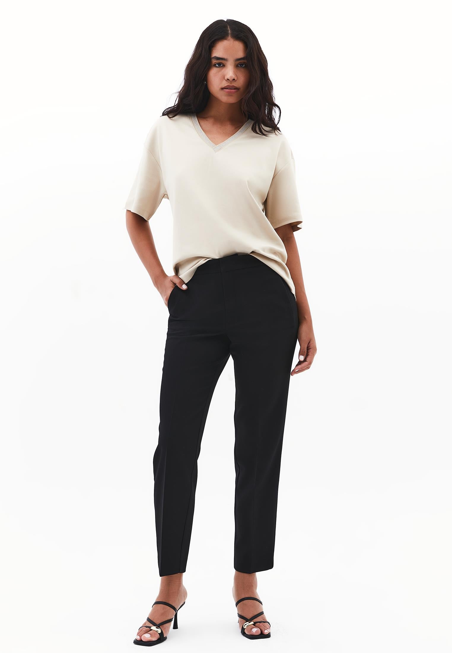 Slim Fit High Waist Pants - BLACK