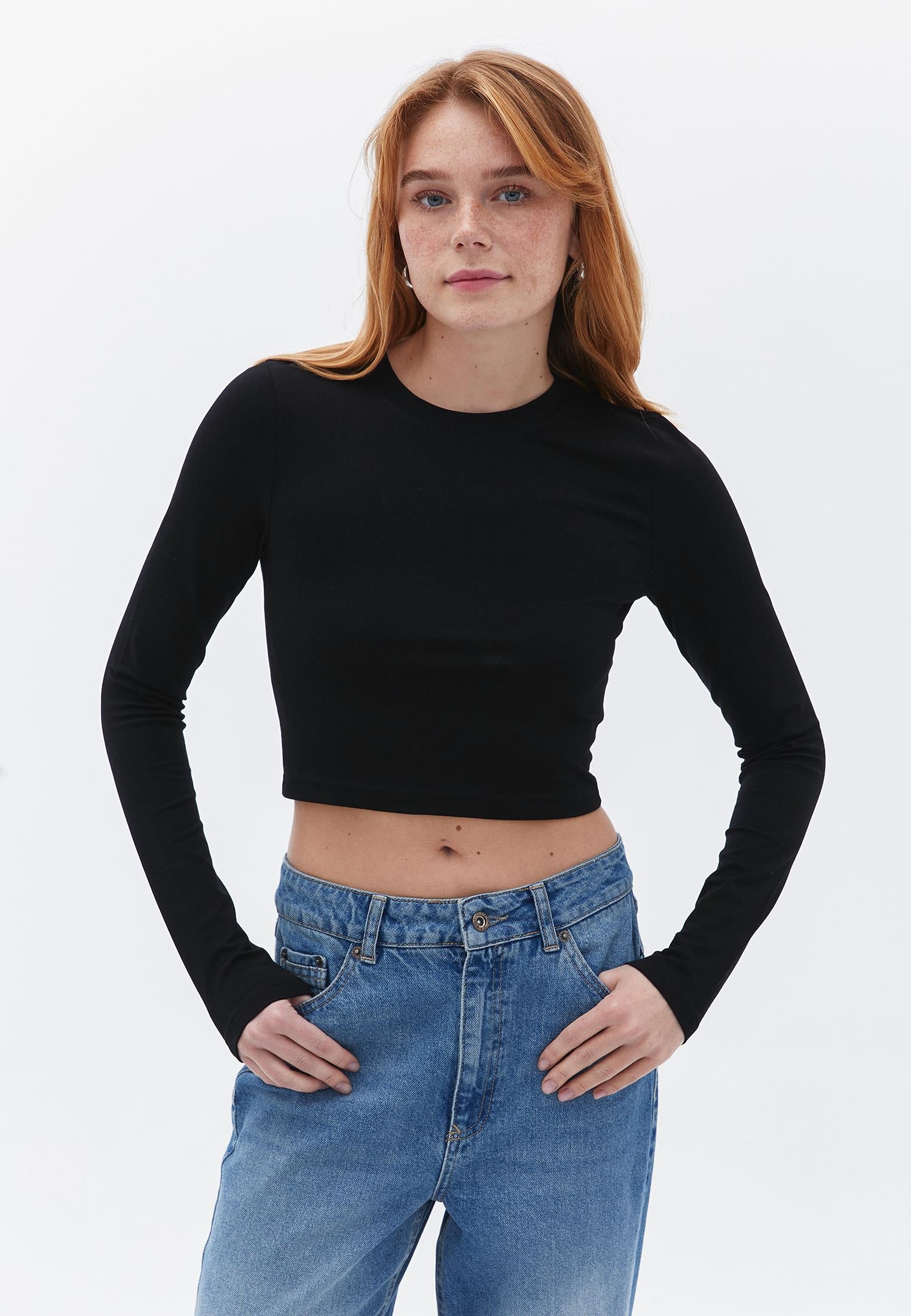 Cropped High Neck Long Sleeve T-Shirt - BLACK