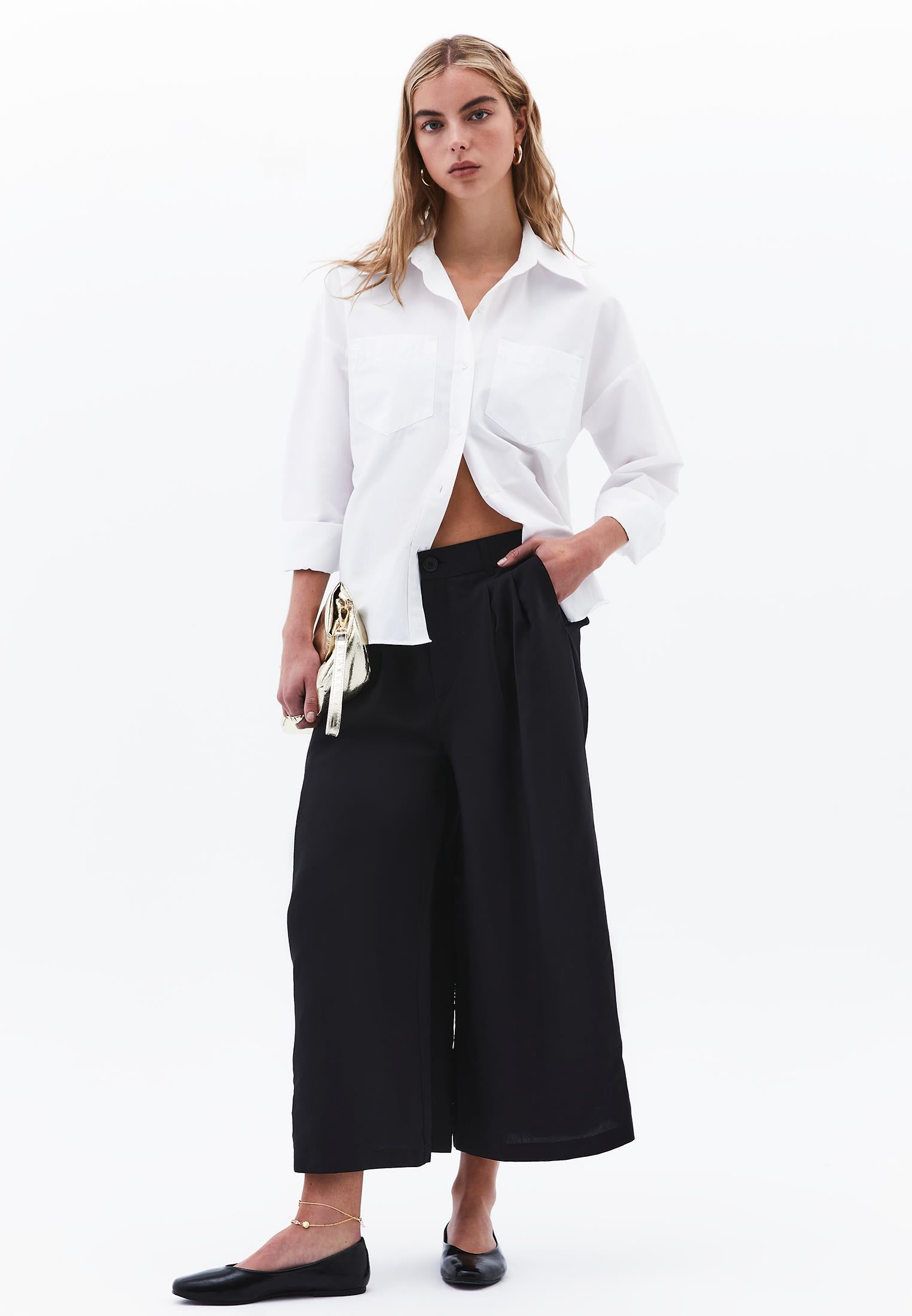 Cropped Culotte Trousers - BLACK