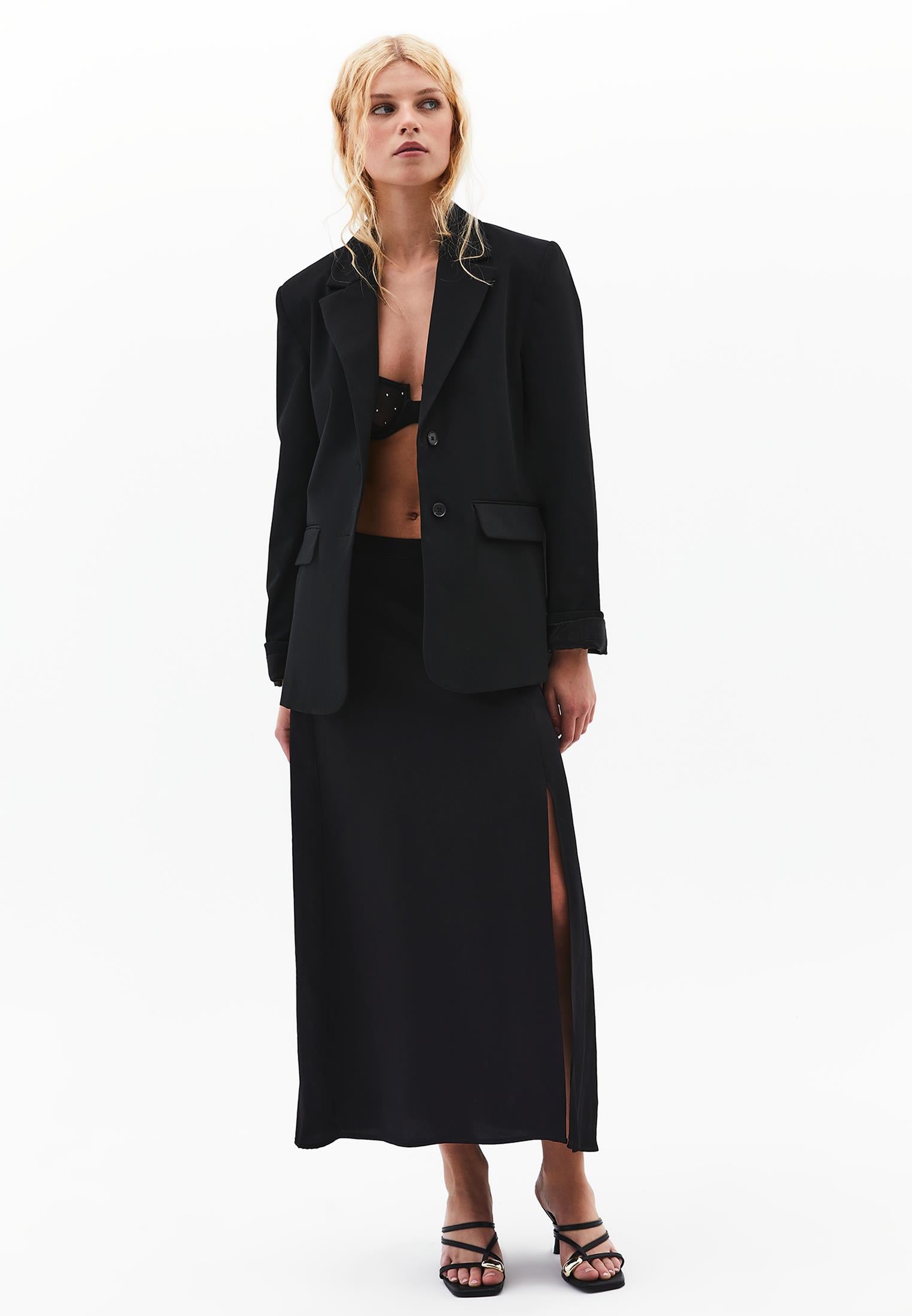Midi Flared Skirt With Slit - BLACK