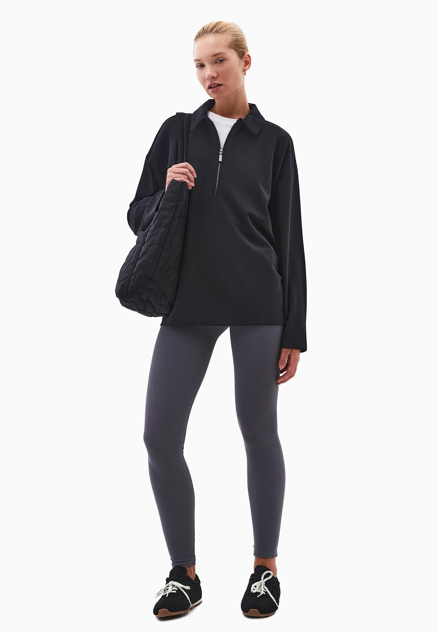 Polo Neck Oversize Sweatshirt - BLACK