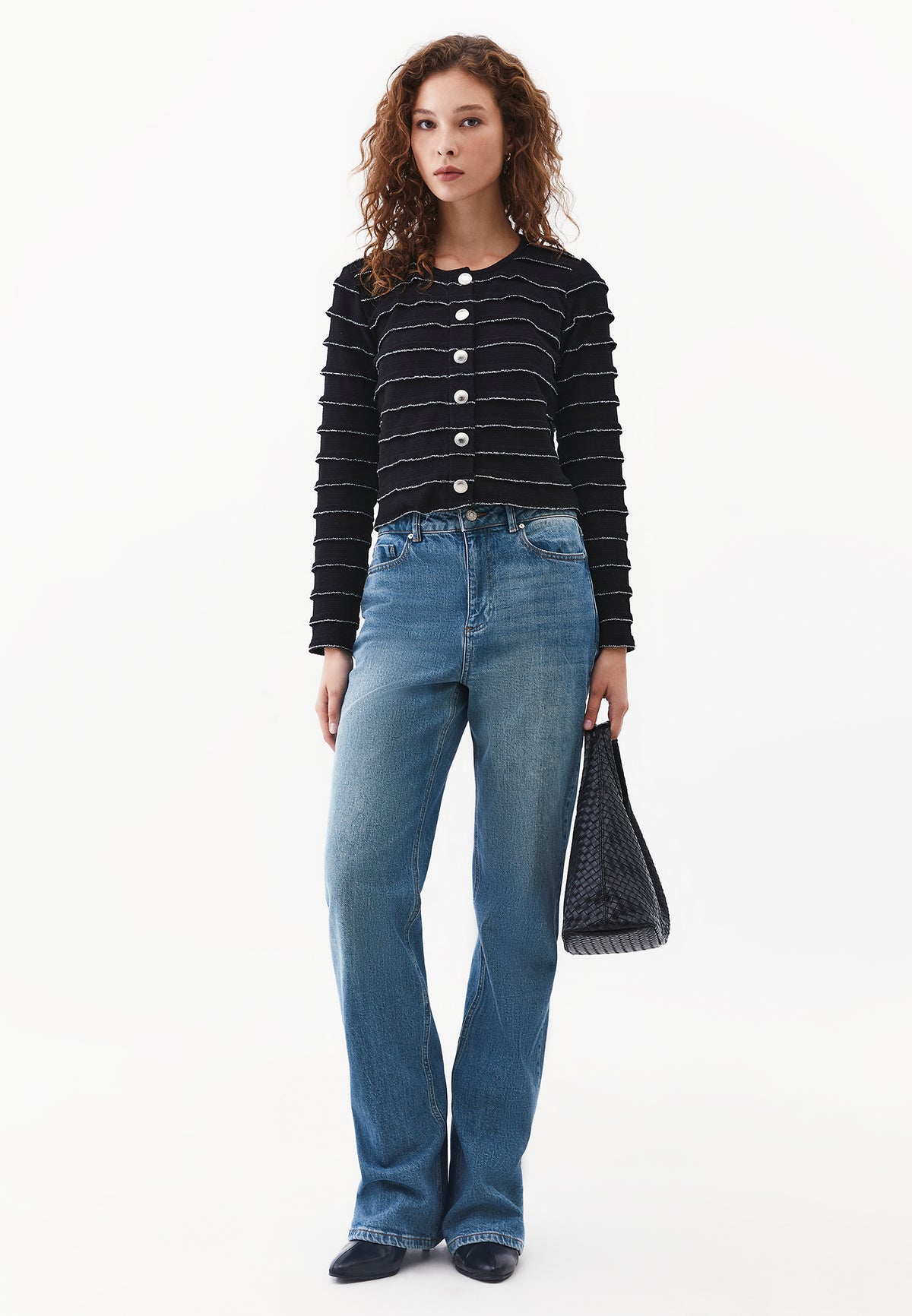 Shimmery Crew Neck Long Sleeve Cardigan - BLACK