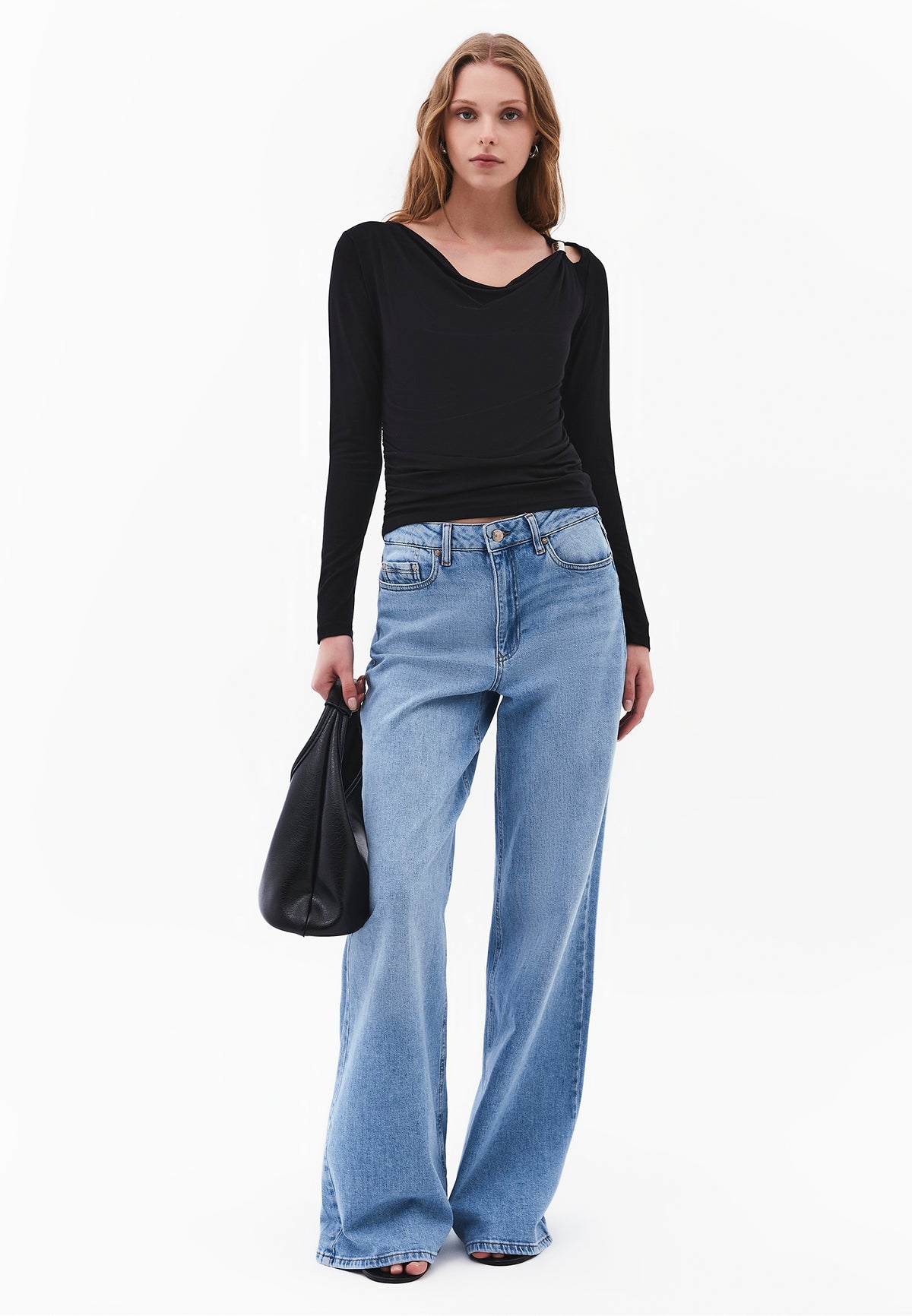 Draped Neck Long Sleeve Blouse - BLACK