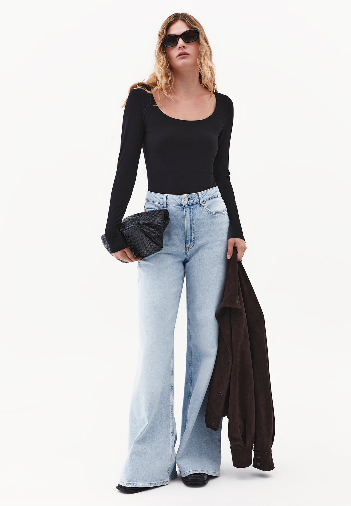 Long Sleeve U Neck Bodycon T-Shirt - BLACK