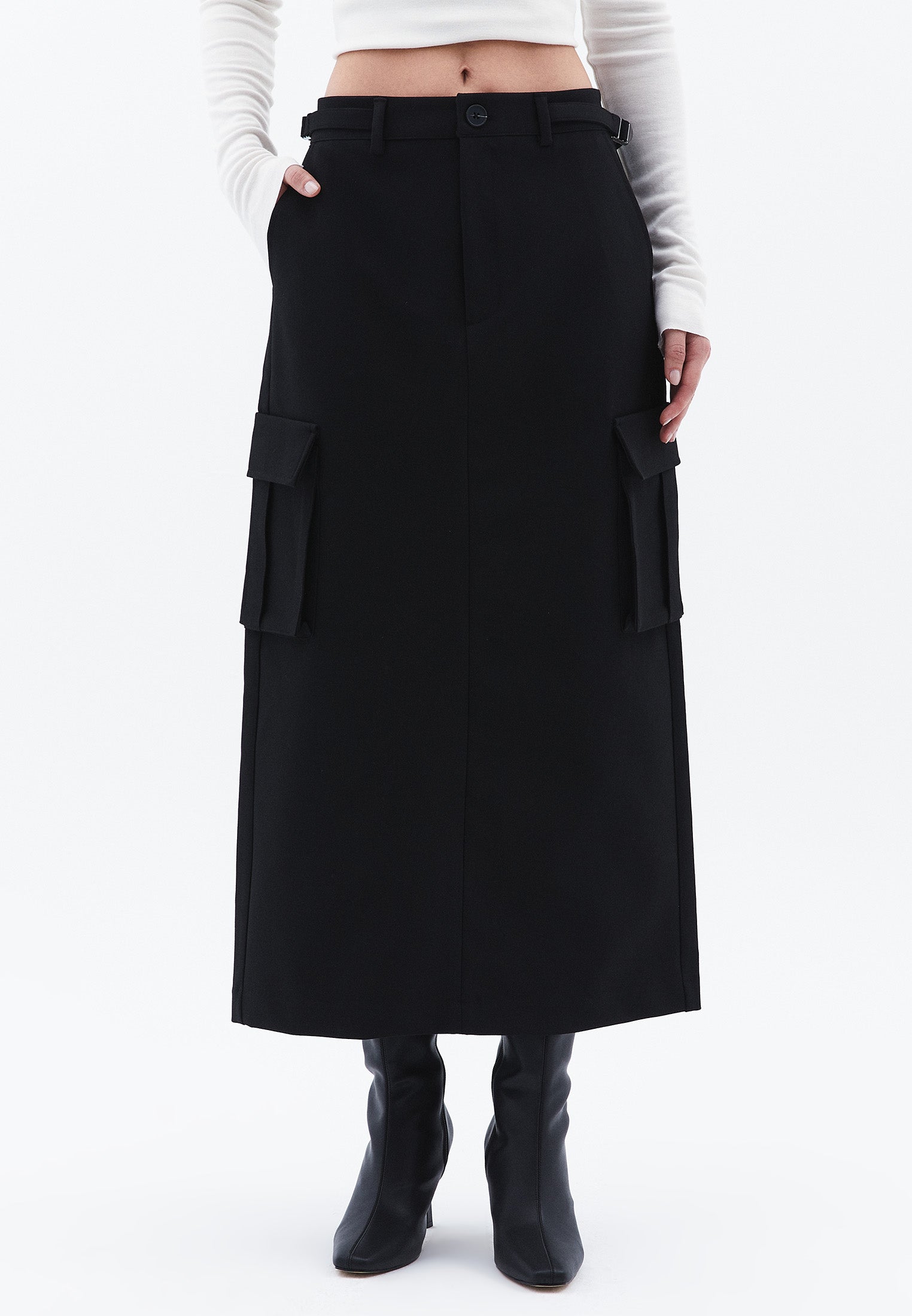 Long Slim High Waist Skirt With Pocket Details - BLACK