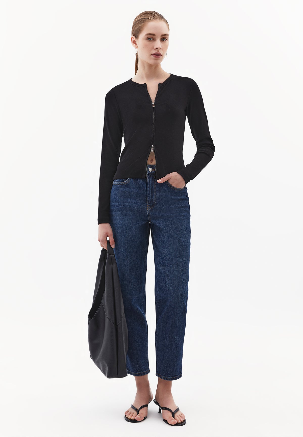 Crew Neck Long Sleeve Zip Detailed Bodycon T-Shirt - BLACK