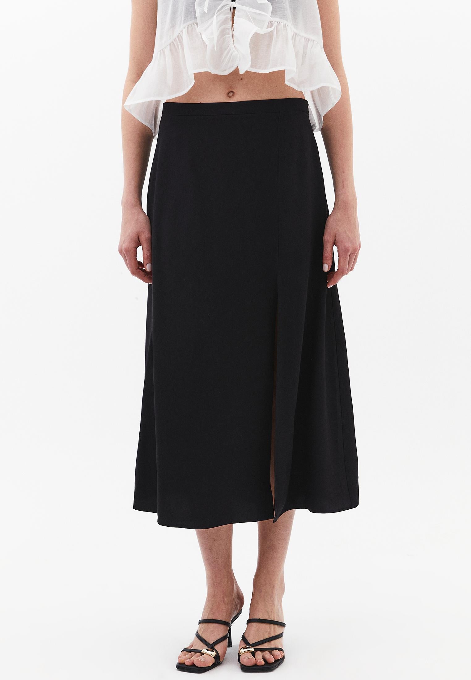Slit Detailed A-Line Midi High Waist Skirt - BLACK
