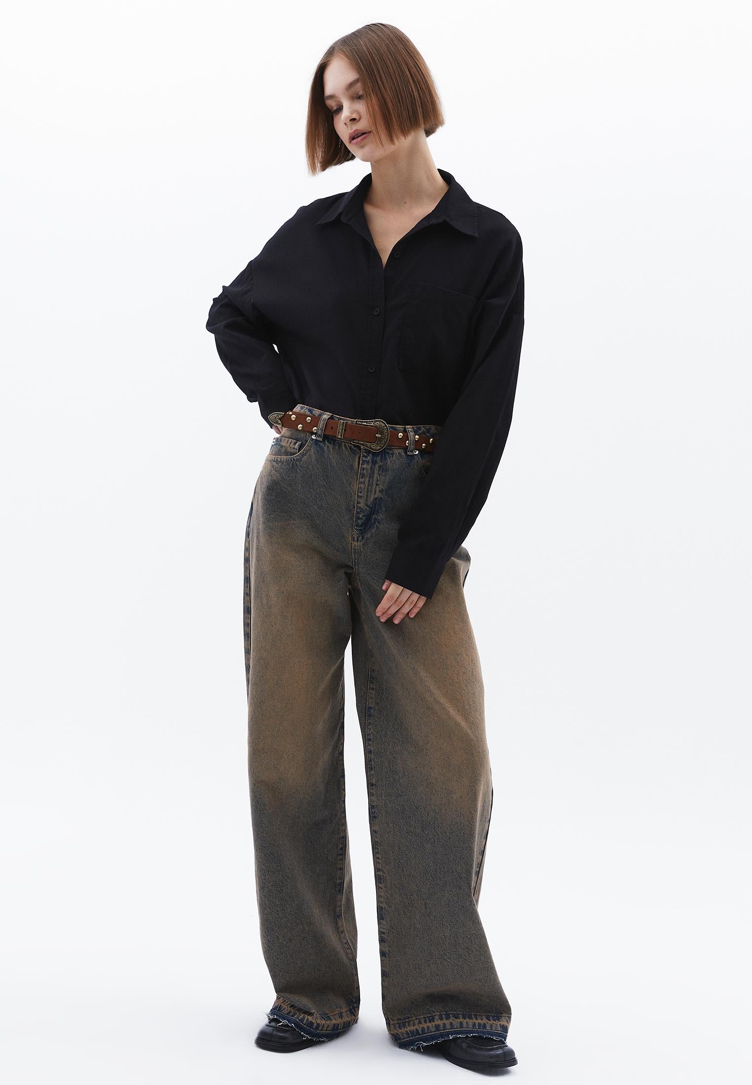 Shirt Collar Buttoned Oversize Long Sleeve Shirt - BLACK