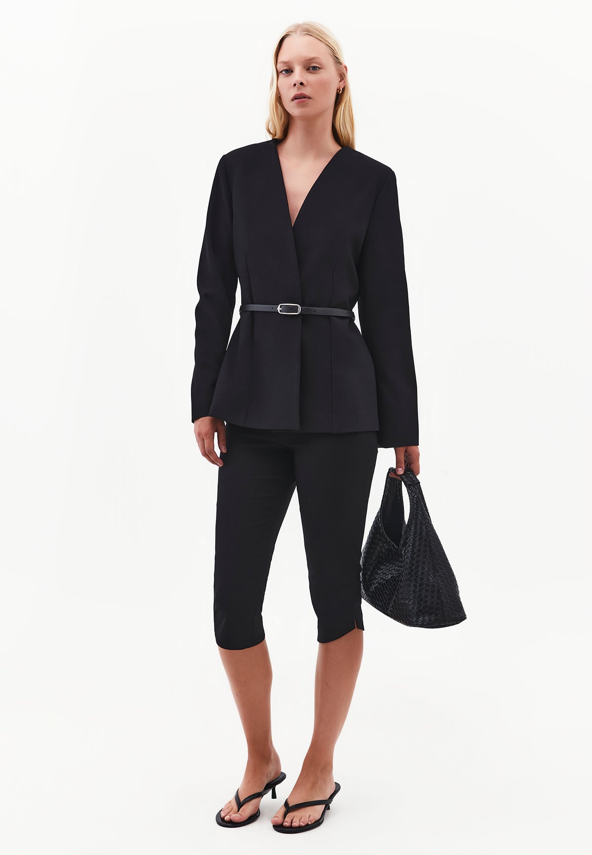 V-Neck Blazer Jacket With Belt Detail - BLACK