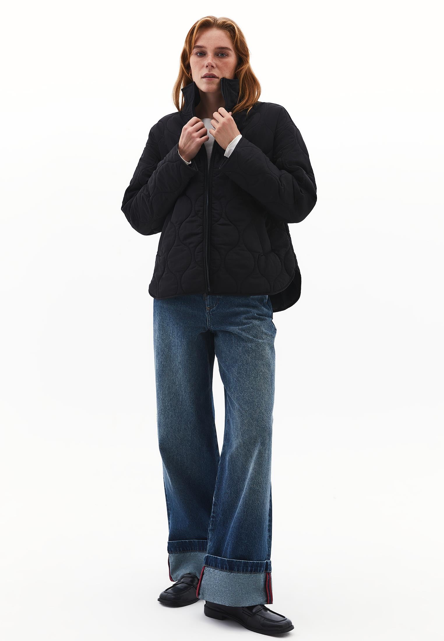 High Collar Quilted Coat - BLACK